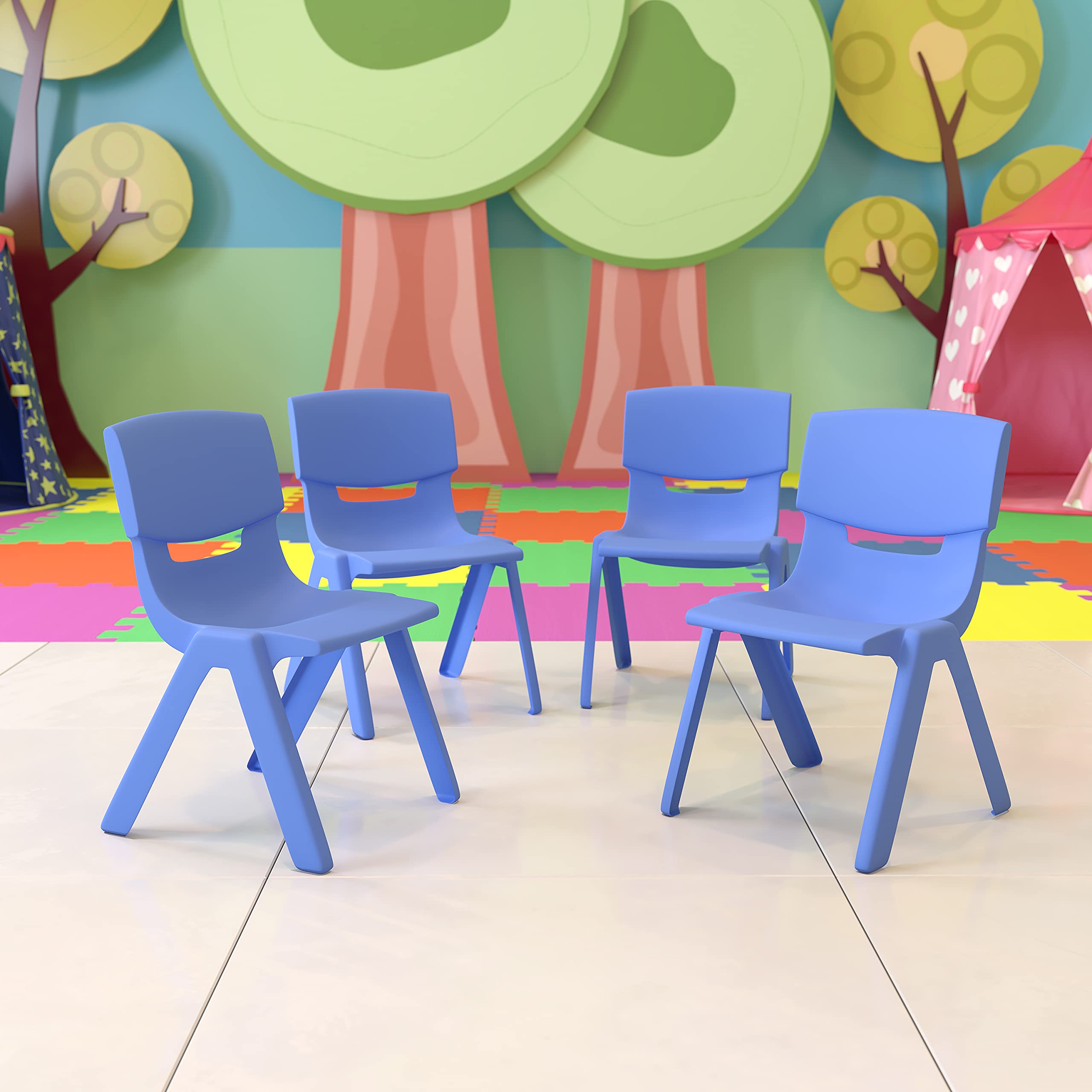 EMMA + OLIVER 4 Pack Blue Plastic Stackable School Chairs for Kids with 12