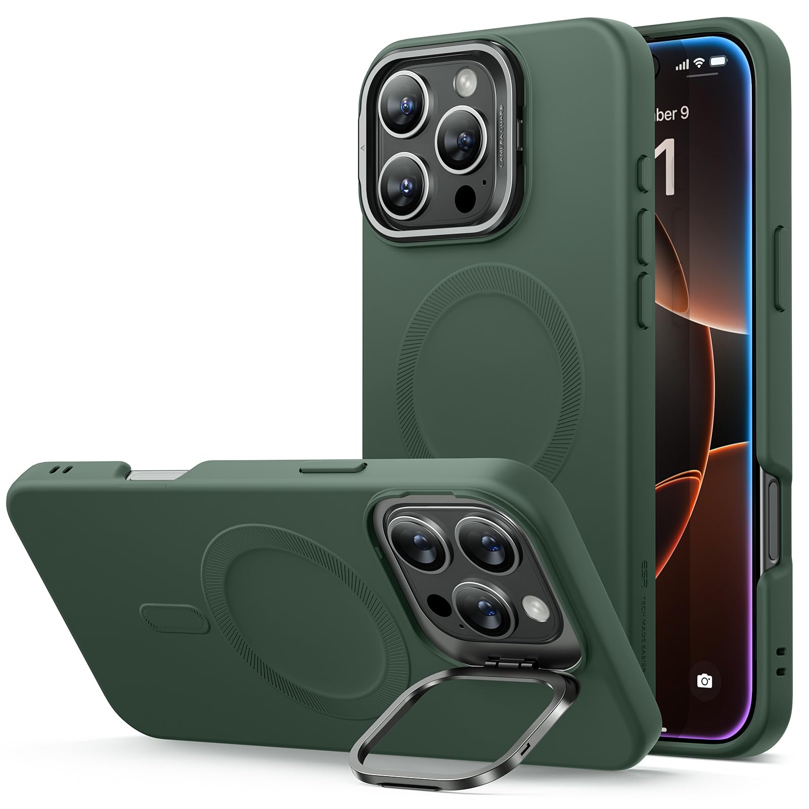 ESR for iPhone 16 Pro Max Case - Magnetic Silicone Phone Cover with Stand & MagSafe Compatibility, Built-in Camera Stash Stand, Protective Green Case (Cloud Series) - Perfect for Work, Travel, and Everyday Use