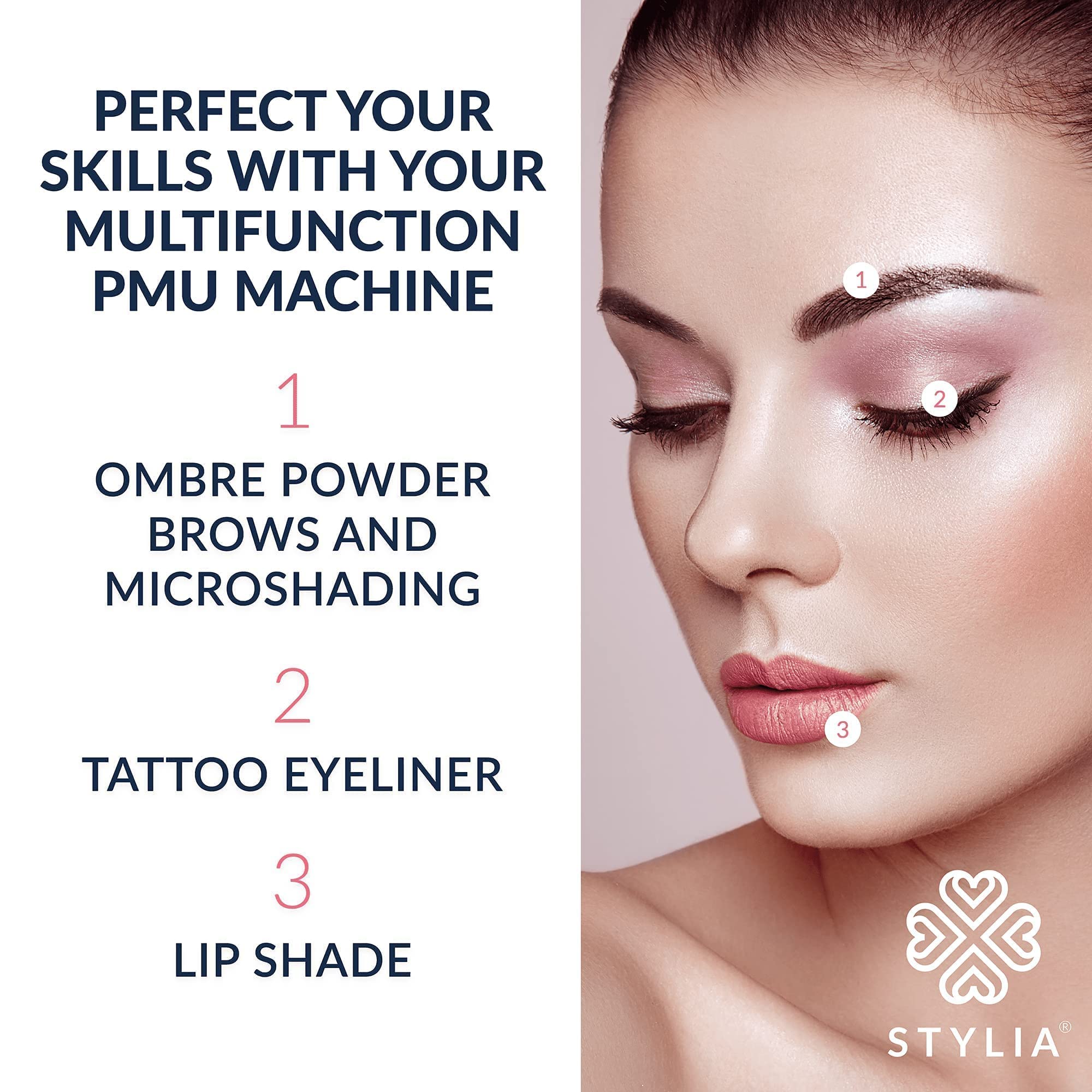 Stylia Permanent Makeup Machine Kit - Wireless Tattoo Pen with 2 Rechargeable Batteries, Power Adapter & 16 Needle Cartridges - Professional Microblading & Cosmetic Tattoo Supplies - Low Noise High Speed Motor - Perfect for Eyebrows, Eyeliner & Lip Blushing