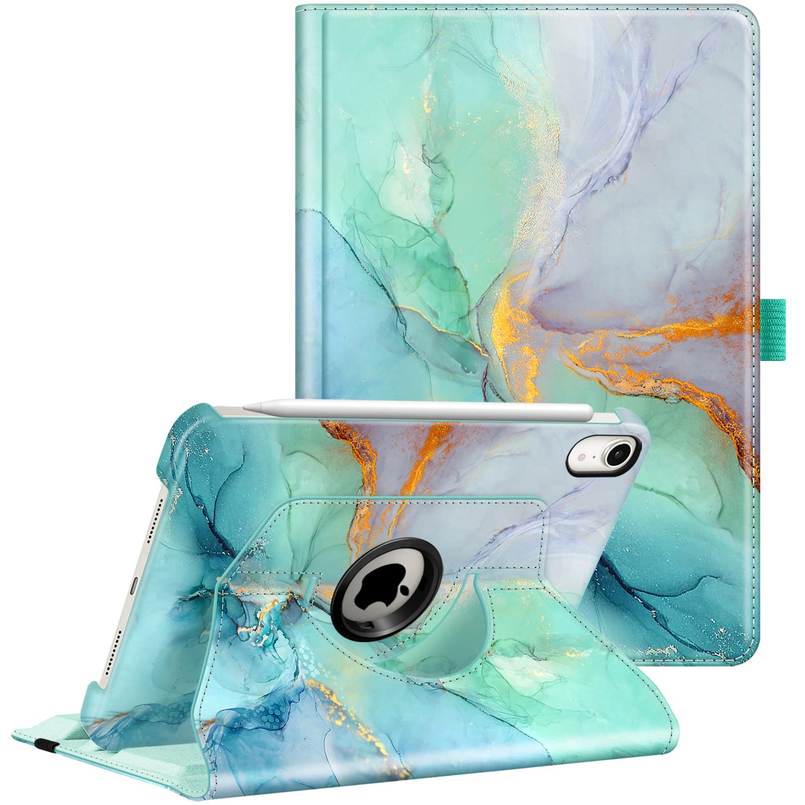 Fintie 360 Rotating Stand Case for iPad Mini 7 (2024, A17 Pro) & iPad Mini 6 (8.3 Inch) - Protective Cover with Auto Wake/Sleep, Emerald Marble Design - Perfect for Work, Study, and Entertainment