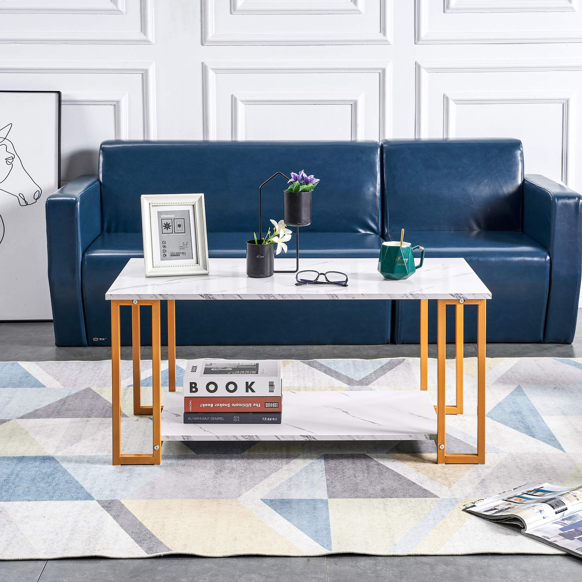 2-Tier Marble MDF Coffee Table with Black Metal Legs & White Top - Modern Rectangle Side Table for Living Room, Dining Area, Coffee Shop & Restaurant Decor (Gold Accent) | Perfect for Small Spaces, Lounge Areas & Contemporary Home Styling