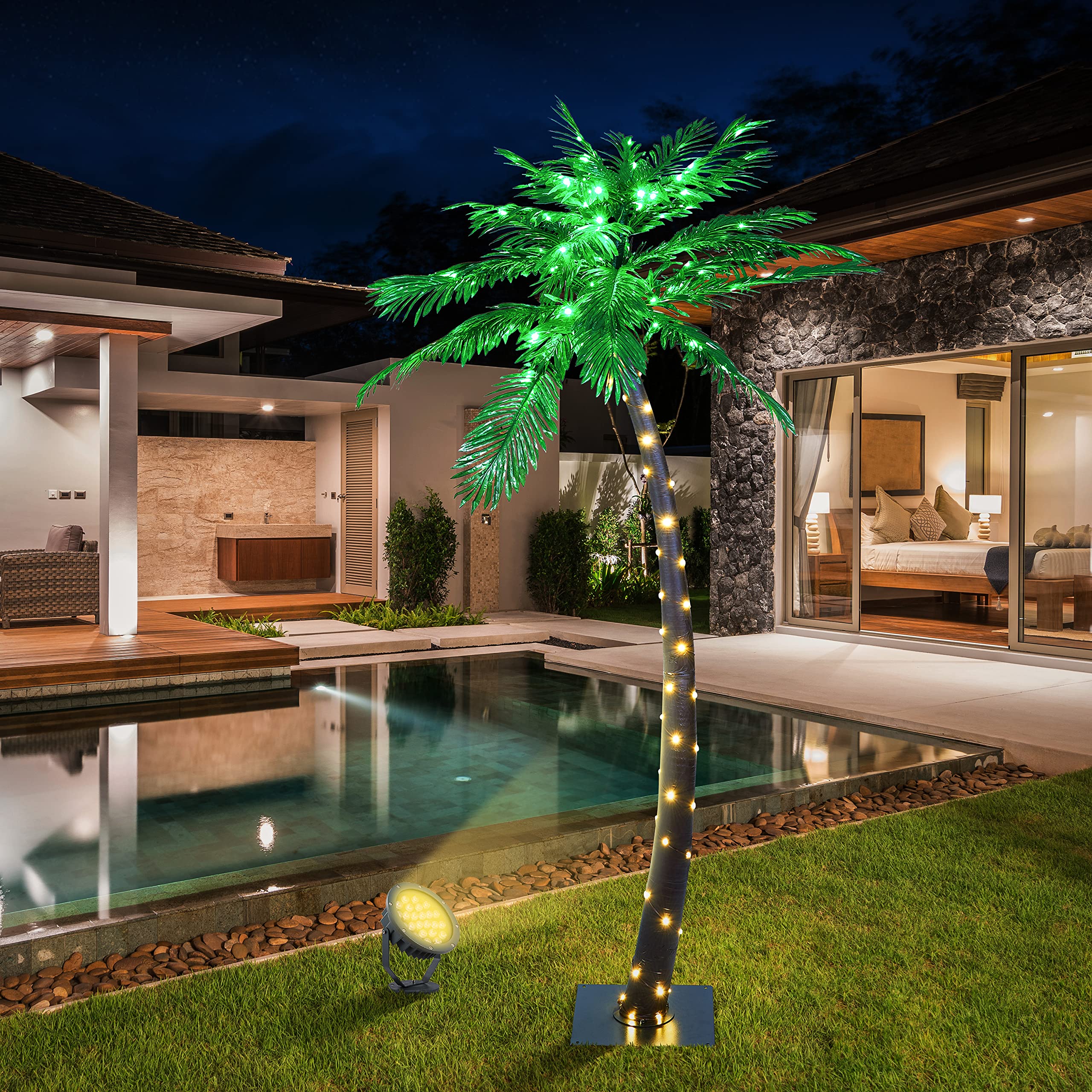 LIGHTSHARE LED Palm Tree with Green Leaves - 6ft Outdoor Decorative Lighted Tree for Patio, Garden, Poolside & Tropical Party Decor