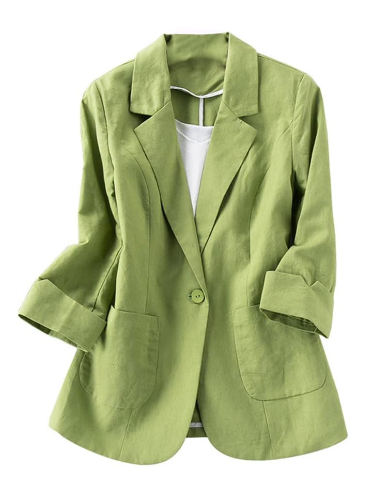 Women's Casual 3/4 Sleeve Cotton Linen Blazer Jacket - Breathable Open Front Summer Office Wear & Outdoor Cover-Up