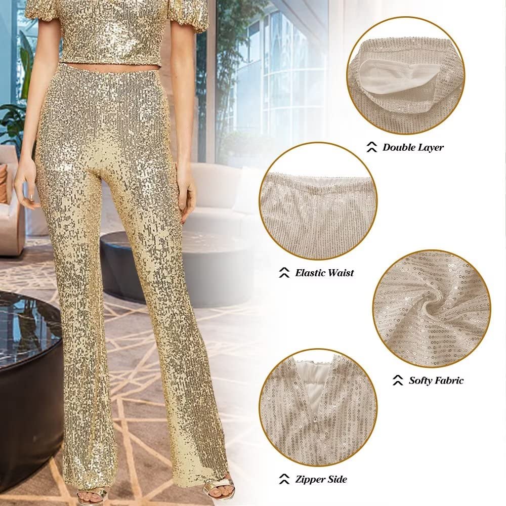 Women's Sequin Flare Pants - High Waist Glitter Wide Leg Bell Bottom Yoga Pants for Casual Wear, Party & Night Out