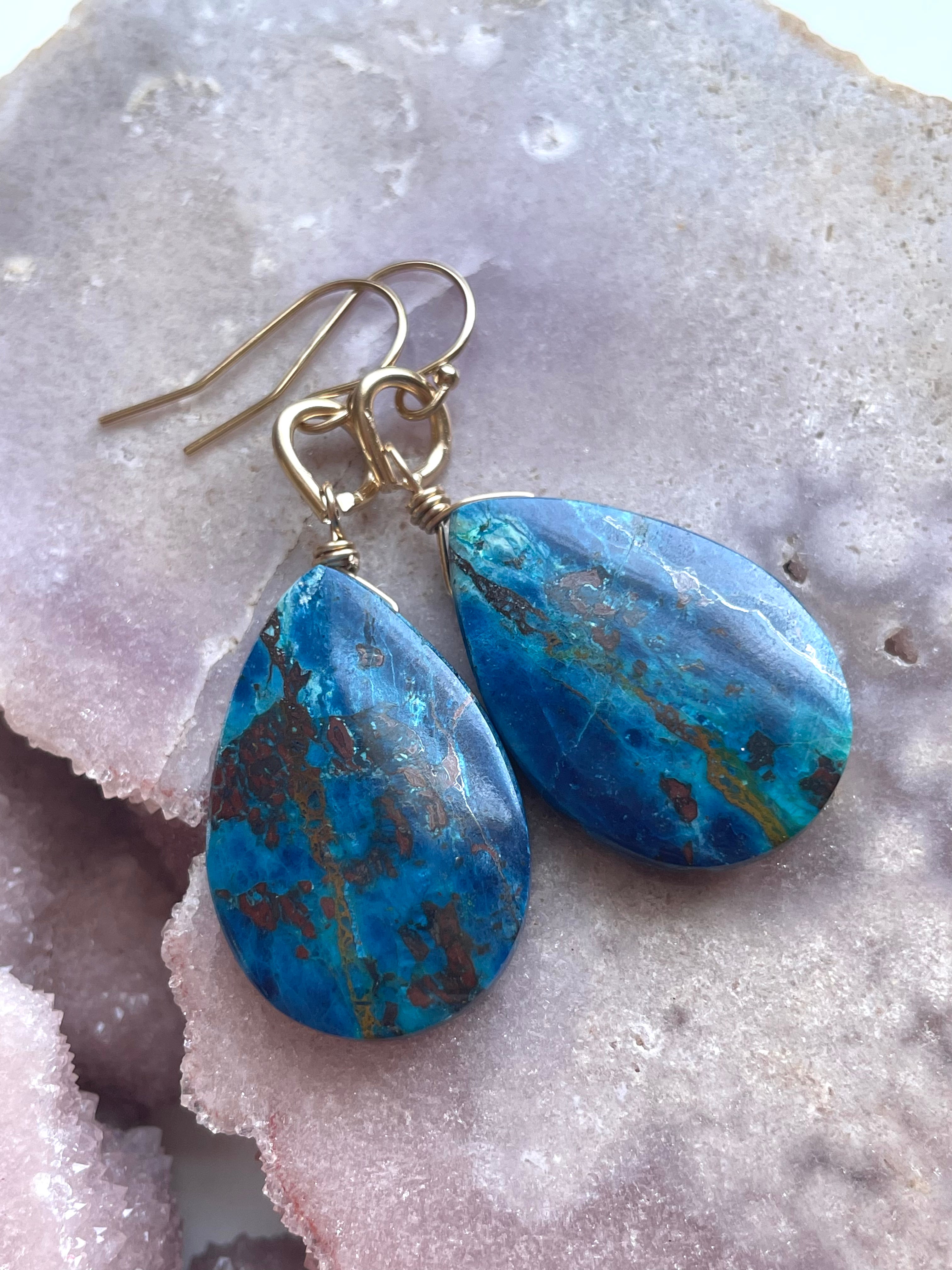 Large Chrysocolla Gold Filled Statement Crystal Gemstone Earrings for Women | Elegant Bohemian Jewelry for Parties, Weddings & Special Occasions