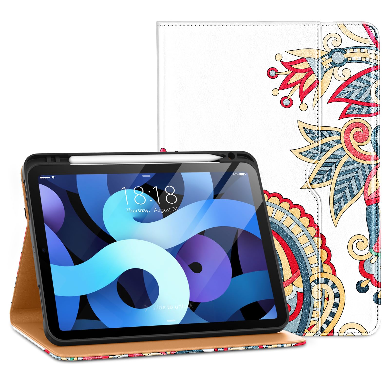 DTTO Premium Leather iPad Air 5th/4th Gen Case (10.9 Inch 2022/2020) - Business Folio Stand Cover with Apple Pencil Holder & 2nd Gen Charging Slot - Mandala Design for Work, Travel & Home Office Use