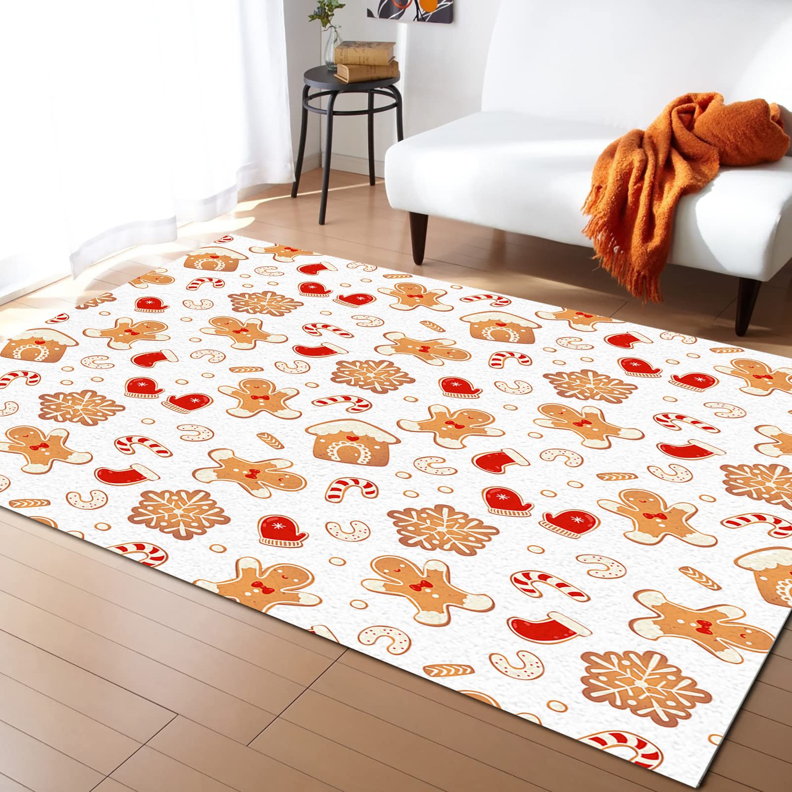 Christmas Rectangle Indoor Area Rugs - Non-Slip Gingerbread Man, Socks, Glove & Snowflake Candy Cane Design Accent Rug for Living Room, Bedroom, Office, Kids Room & Nursery (5'x7') - Perfect for Holiday Decorations, Winter Home Warmth & Cozy Family Gatherings