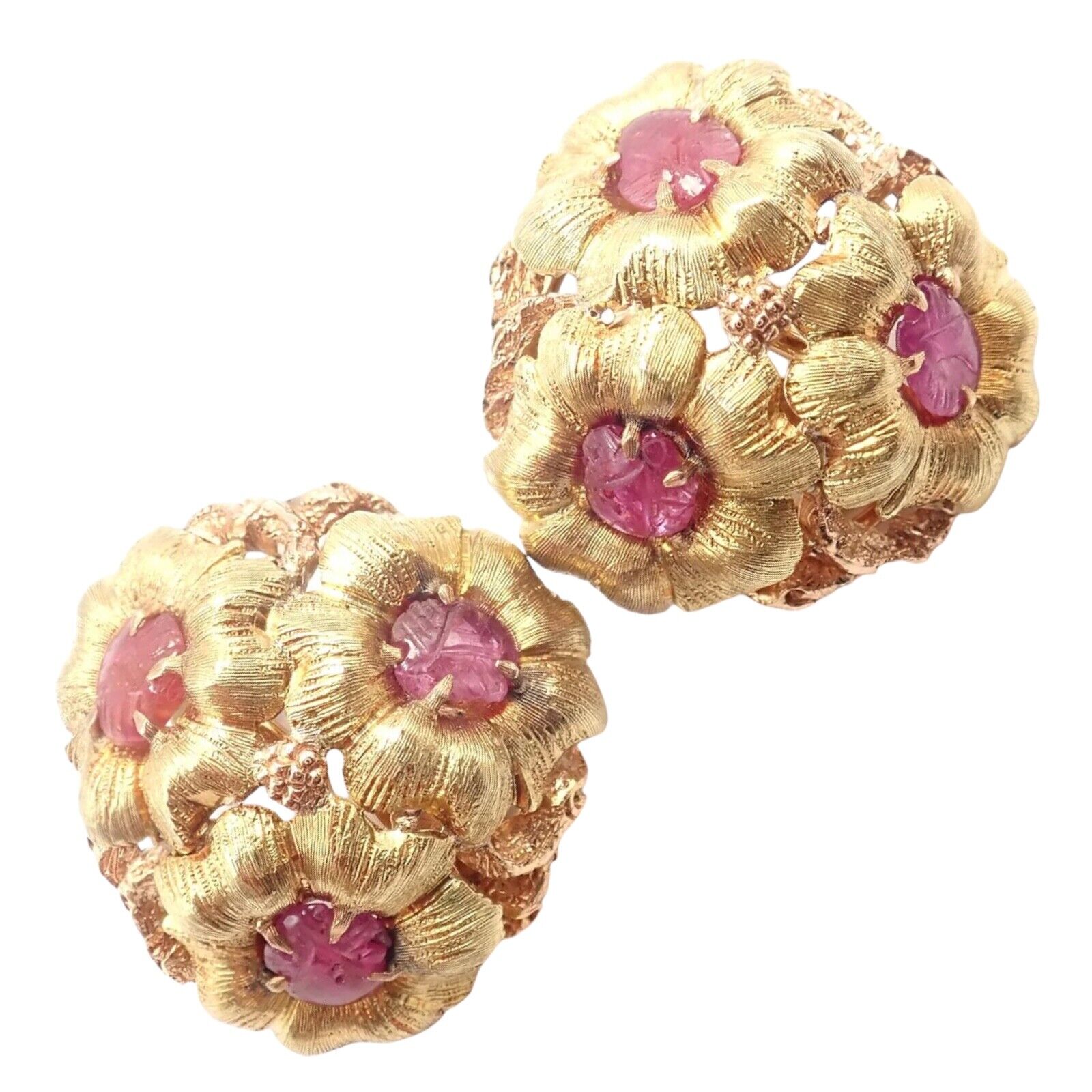 Authentic Vintage Buccellati 18K Yellow Gold Carved Ruby Flower Earrings - Luxury Italian Jewelry for Women, Gift for Anniversary & Special Occasions, Perfect for Weddings & Evening Events