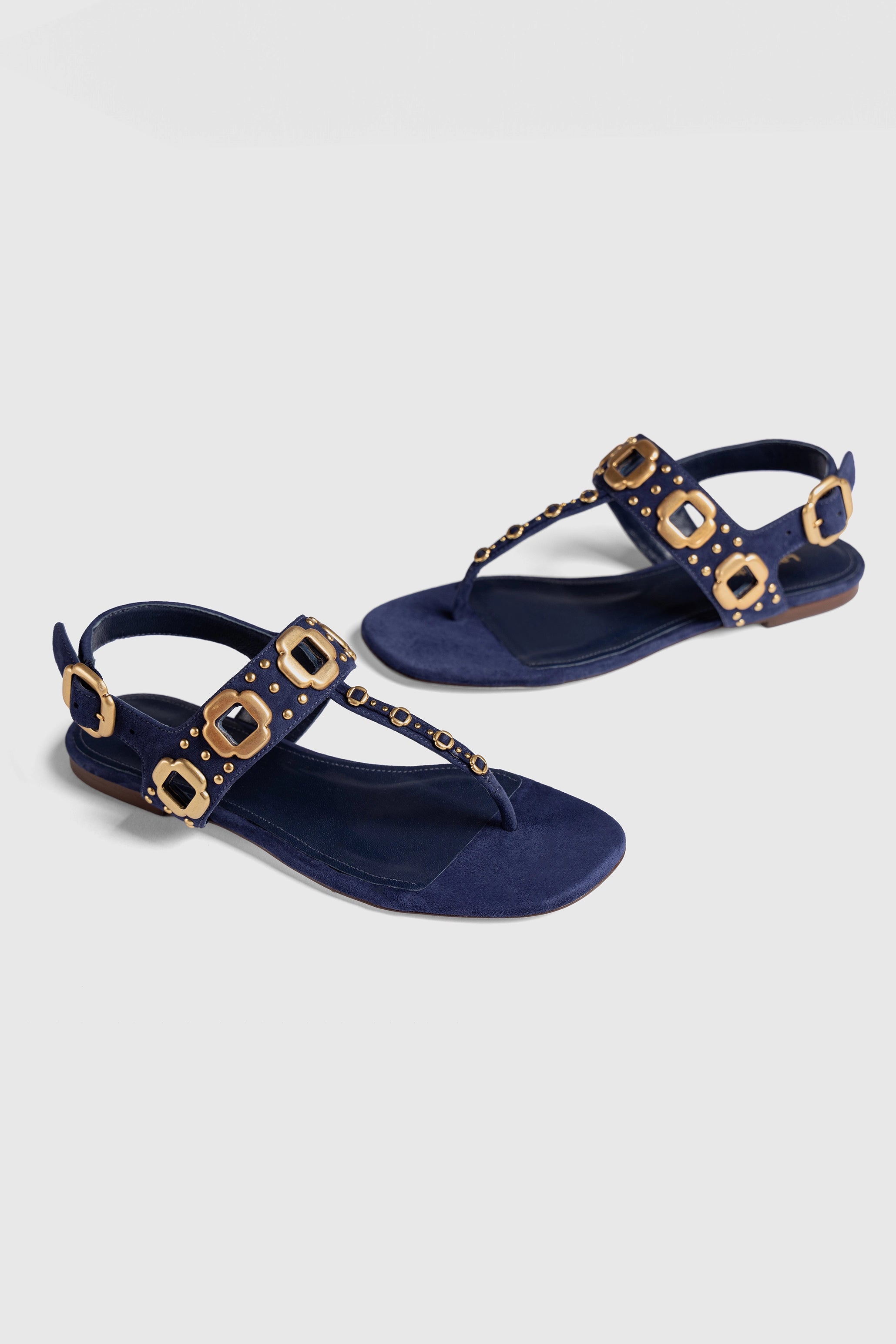 Milan Studs Thong Sandals for Women - Navy Blue Suede Beach Sandals, Comfortable Summer Flip Flops for Pool, Vacation & Casual Outfits