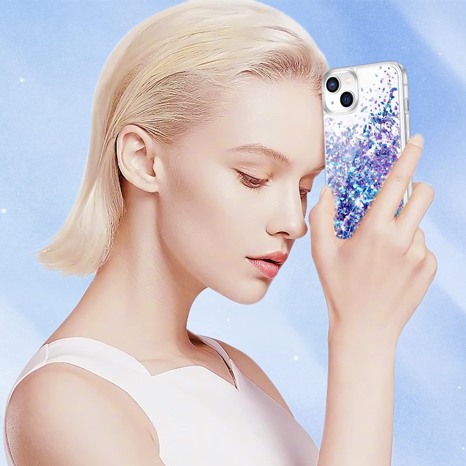 Caka Glitter Phone Case Compatible with iPhone 13 Mini (5.4 Inch) - Sparkling Floating Quicksand Waterfall Clear Soft TPU Cover for Women (Blue Purple) | Perfect for Everyday Use, Parties & Gift Giving