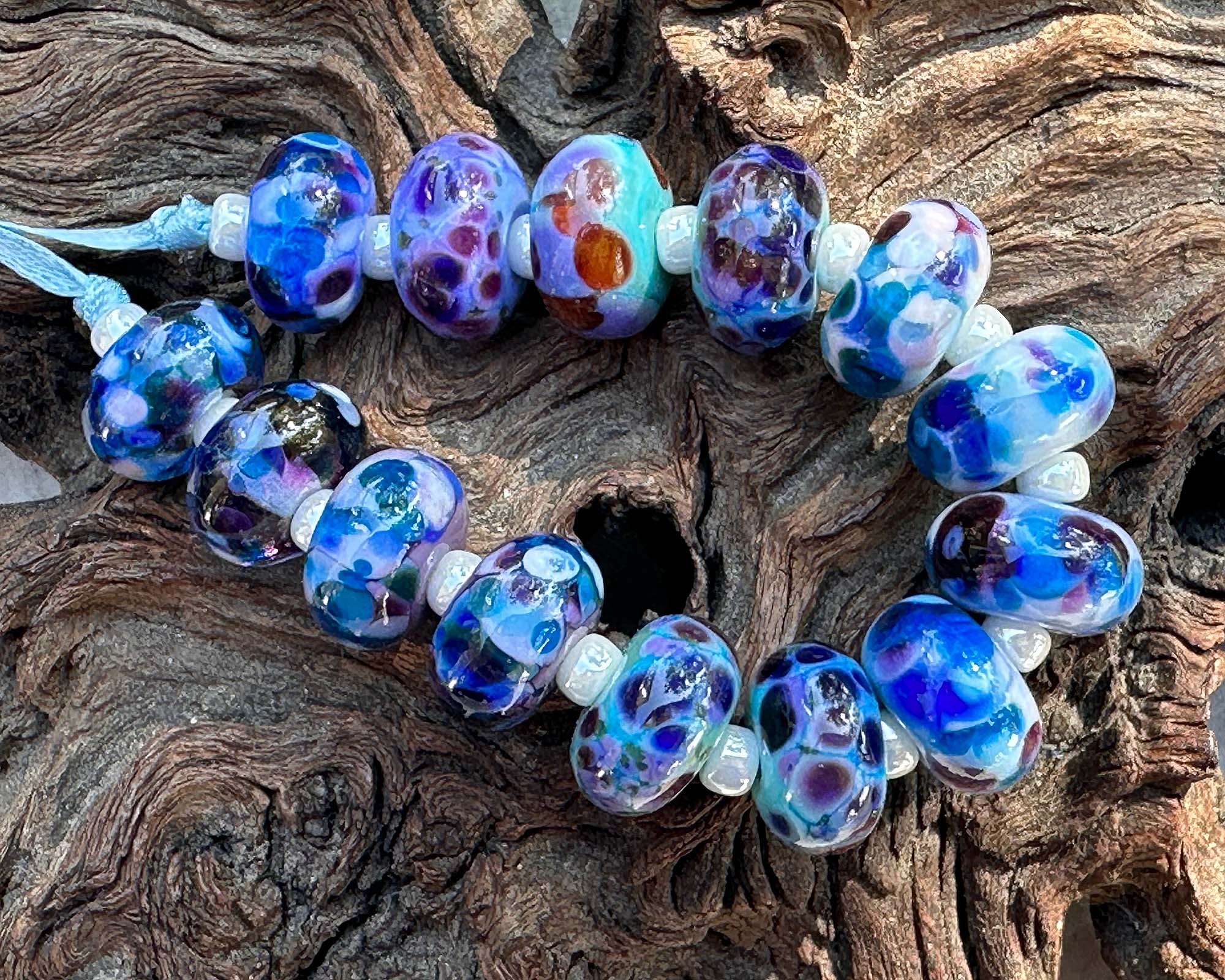 14pcs Blue Mosaic Glass Lampwork Beads for Jewelry Making - DIY Bracelet, Necklace Craft Supplies - Perfect for Boho Style Accessories & Gift Making