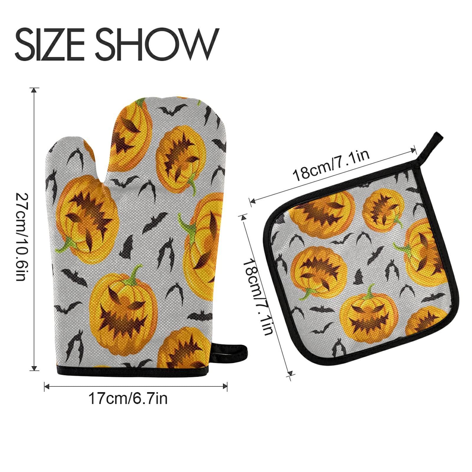 Halloween Pumpkin Bats Oven Mitts and Pot Holders Set - 2-Piece Non-Slip Heat Resistant Kitchen Gloves & Trivet Mats for Baking, Cooking, BBQ - Autumn Orange Grey Home Decor for Thanksgiving & Fall Season