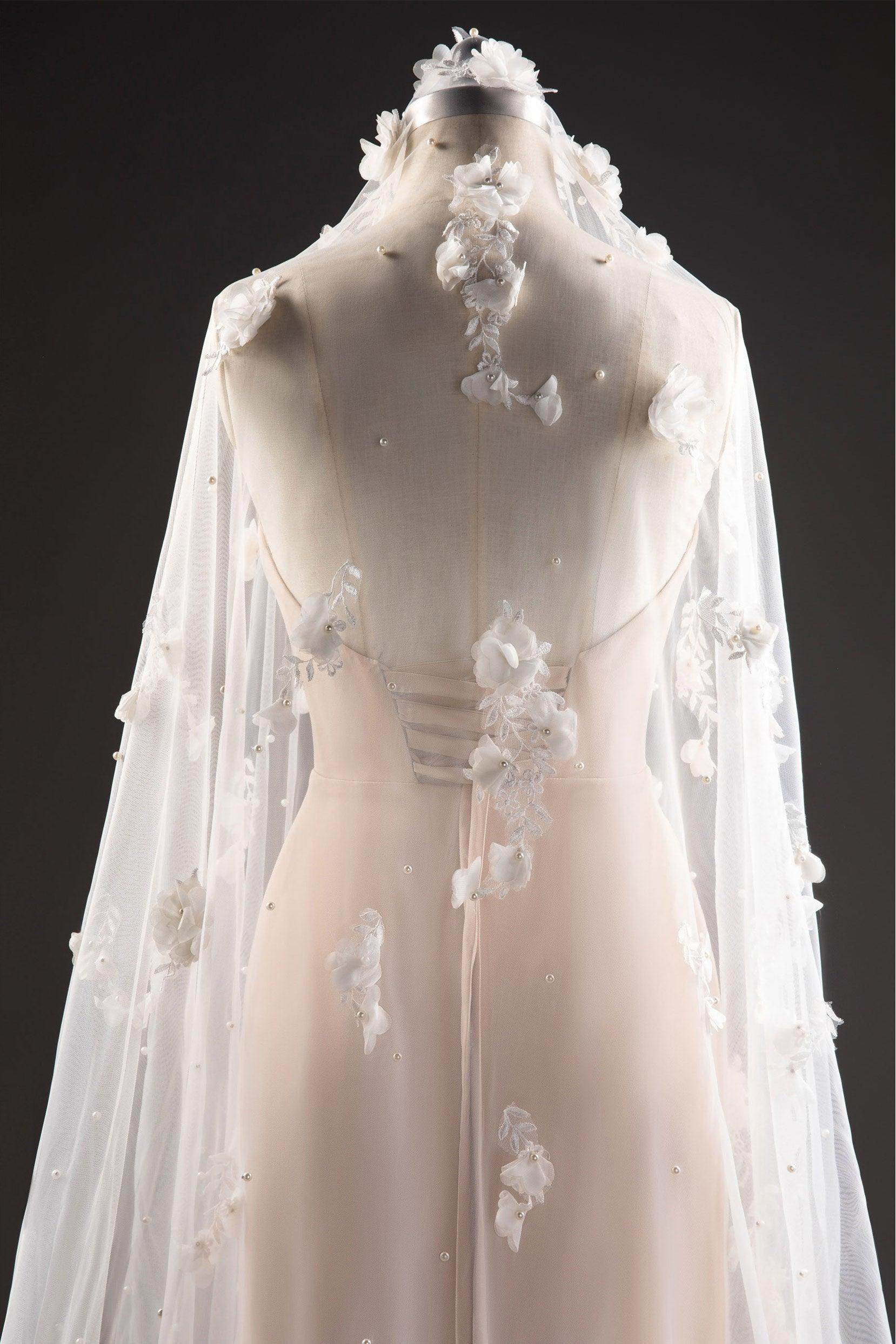 Elegant One-Tier Cut Edge Tulle Cathedral Wedding Veil with Floral Beading CV0284 - Perfect for Bridal Ceremonies & Formal Occasions