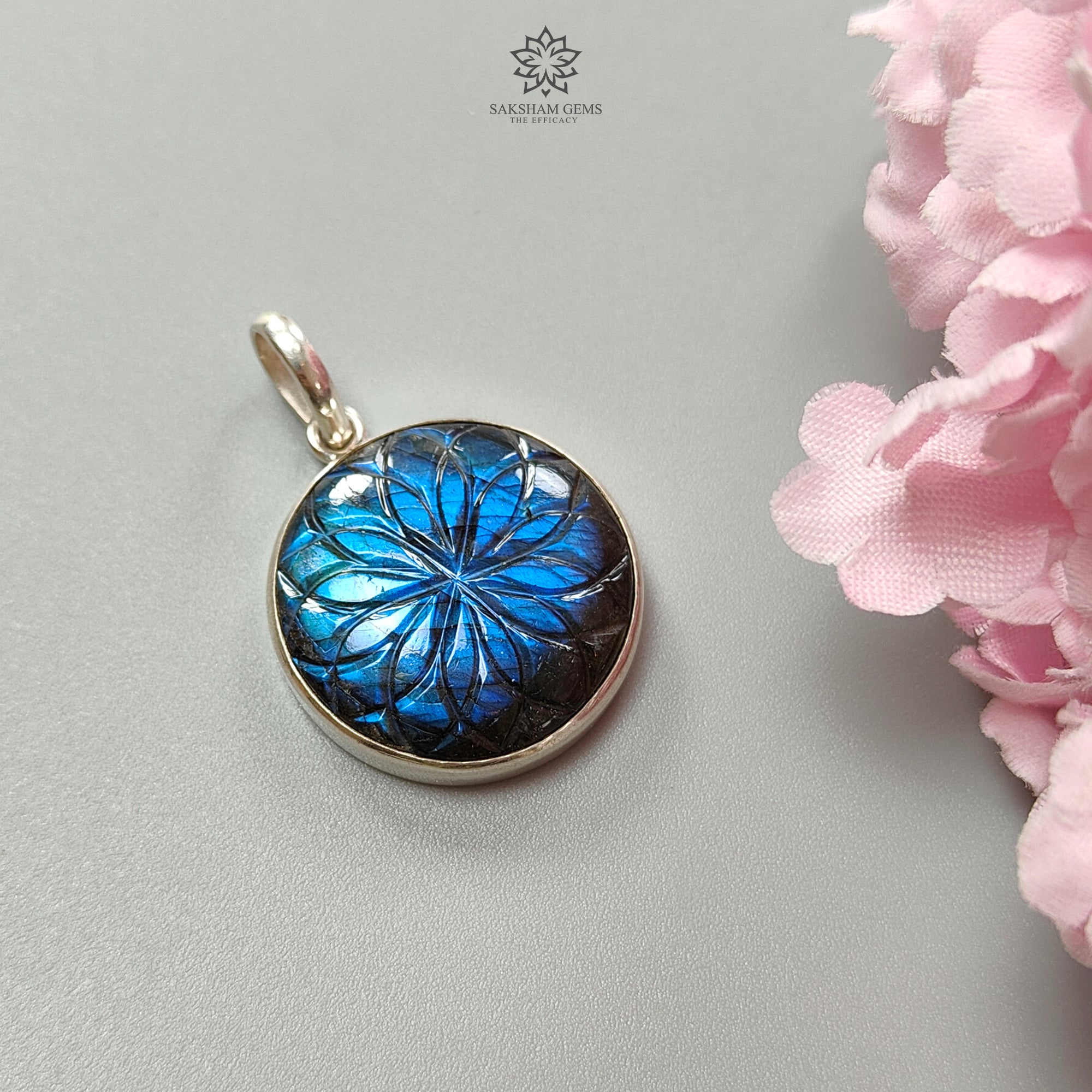 Natural Blue Labradorite Silver Pendant - 8.81g Untreated Round Carved Gemstone in 925 Sterling Silver Bezel Setting | Perfect for Necklace Jewelry, Spiritual Healing & Unique Gift Giving