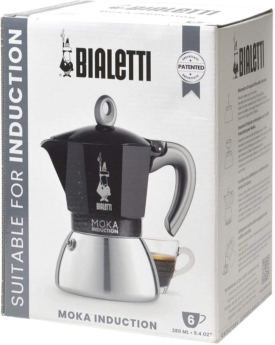 Bialetti New Moka Induction Coffee Maker Pot - 6 Cup (280ml) Aluminum Stovetop Espresso Maker, Black - Compatible with Induction & Gas Stoves - Italian Made - Perfect for Home, Office & Camping Coffee Brewing