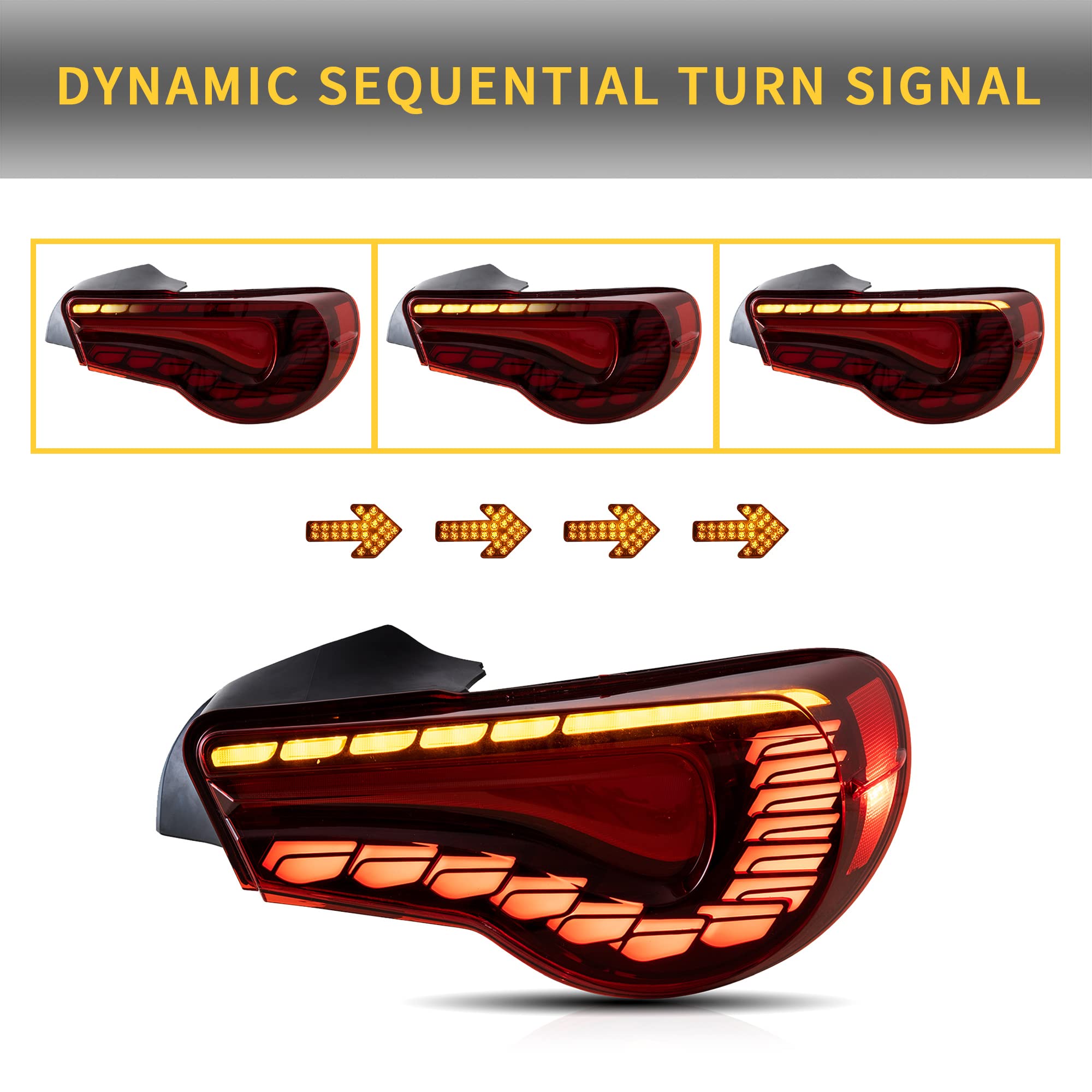 VLAND OLED Red Tail Lights for Toyota 86 GT86 2012-2020, Subaru BRZ 2013-2020, Scion FR-S 2013-2020 - Dragon Scales Dynamic Running Lights with Sequential Turn Signals - Perfect for Car Enthusiasts & Night Driving Upgrades