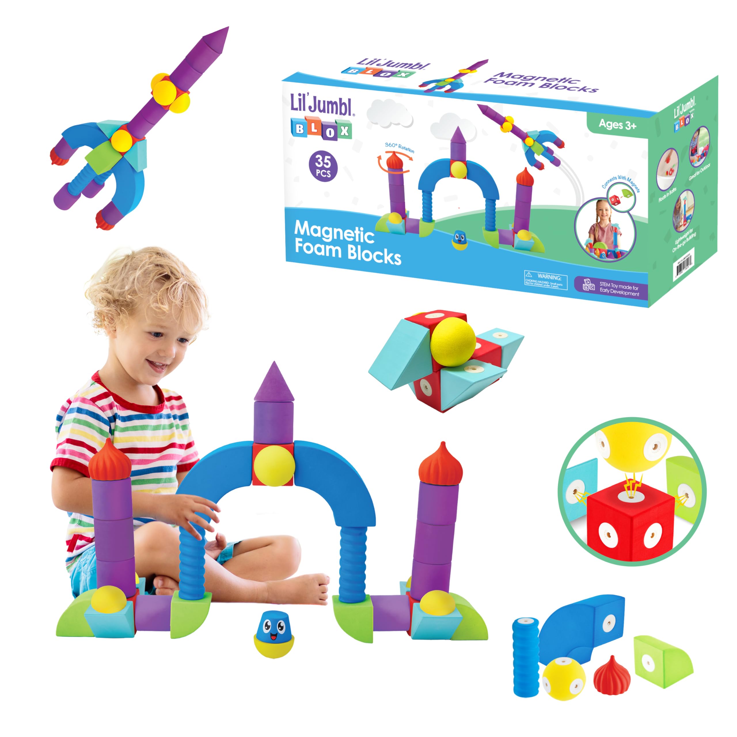 Lil' Jumbl Magnetic Foam STEM Sensory Toys for Kids - 35pc Castle Building Set, Bath & Engineering Toys for Toddlers Ages 3-6 | Preschool Learning, Creative Play & Bathtime Fun