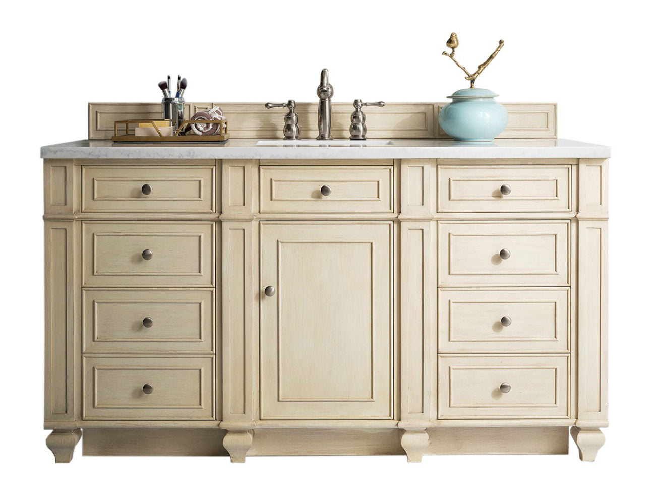 Bristol 60 Inch Single Bathroom Vanity in Vintage Vanilla with 3CM Arctic Fall Solid Surface Top - Perfect for Modern Farmhouse & Coastal Bathroom Decor