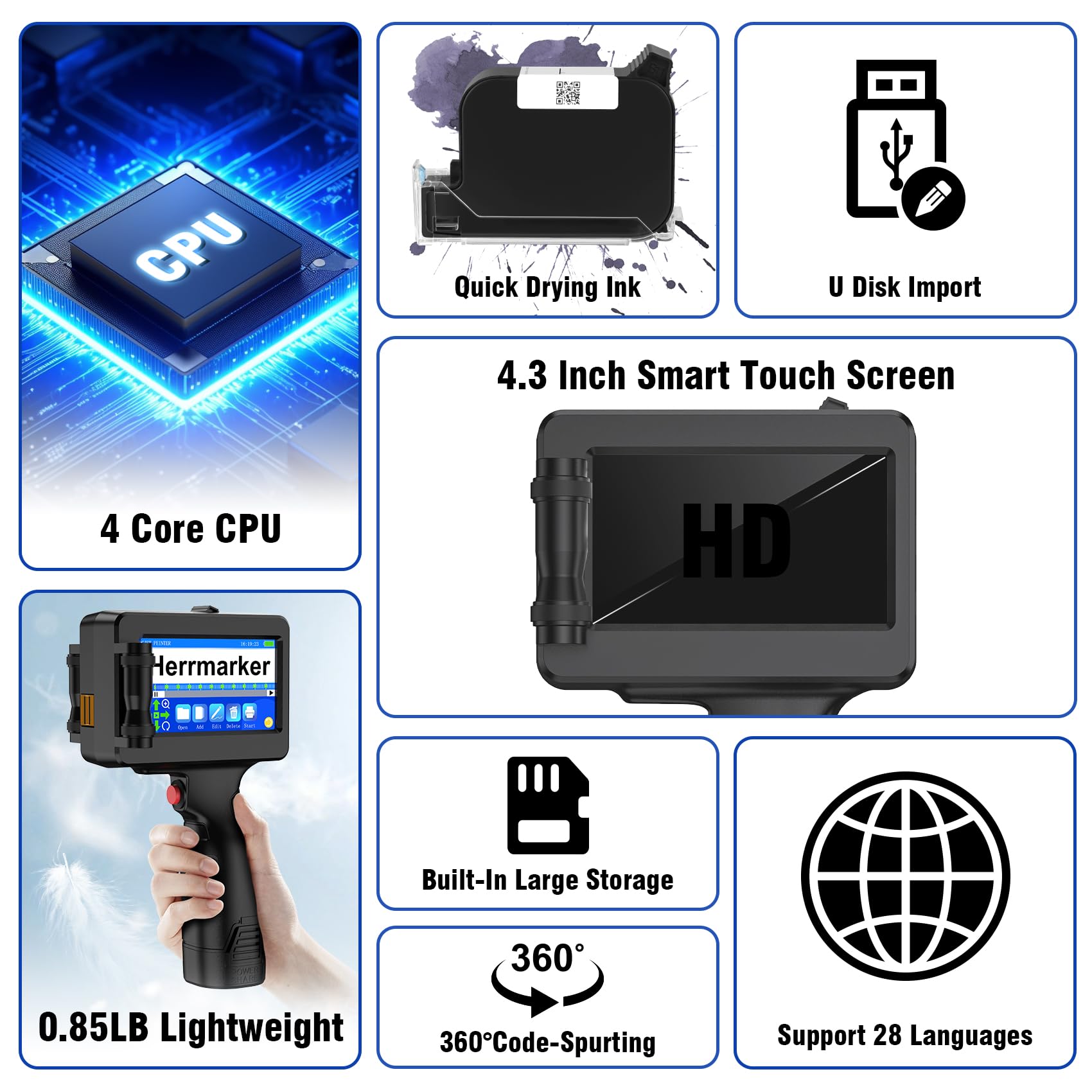 Handheld Inkjet Printer TIJ314 - Portable Inkjet Gun with 42ml Quick-Dry Ink Cartridge, 4.3