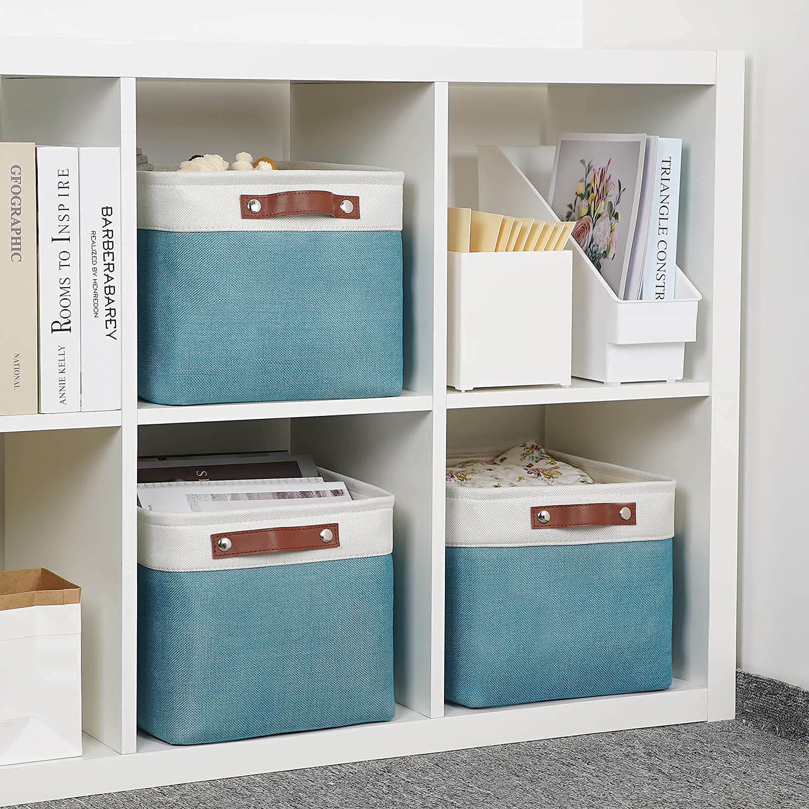 DULLEMELO Collapsible Storage Baskets Set - 3 Medium (15x11x9.5 inches) & 6 Small (11.8x7.9x5.1 inches) Foldable Organizer Bins in White & Teal - Perfect for Home, Office, Closet, Bathroom & Kids Room Organization