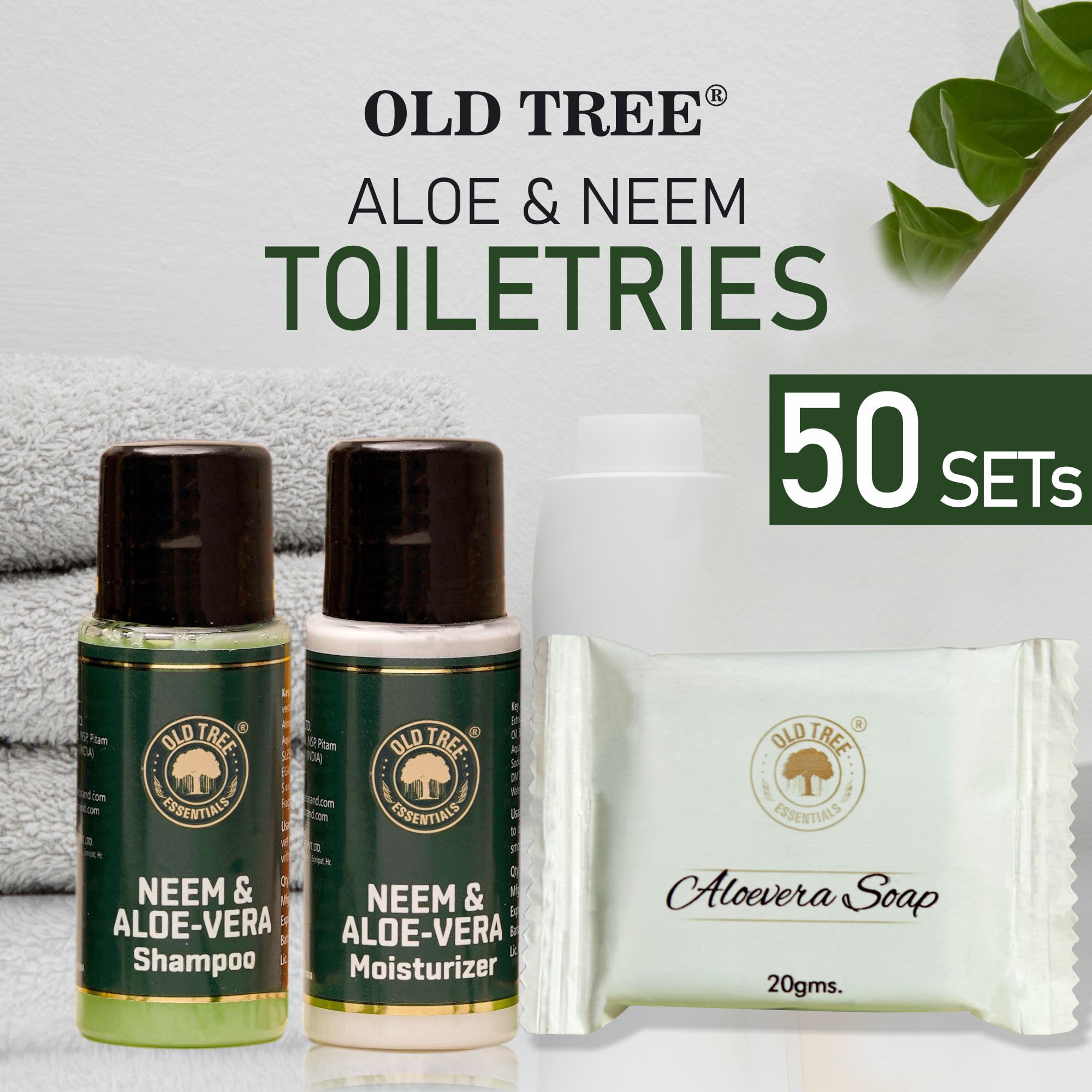 Organic Aloe Vera & Neem Shampoo and Moisturizer Set (20ml each) with Glycerin Soap (20g) - Bulk Hotel Toiletries Kit for Hospitality Industry (50 Sets, 150 Pieces Total) - Perfect for Hotels, Spas, Guest Houses, and Wedding Venues