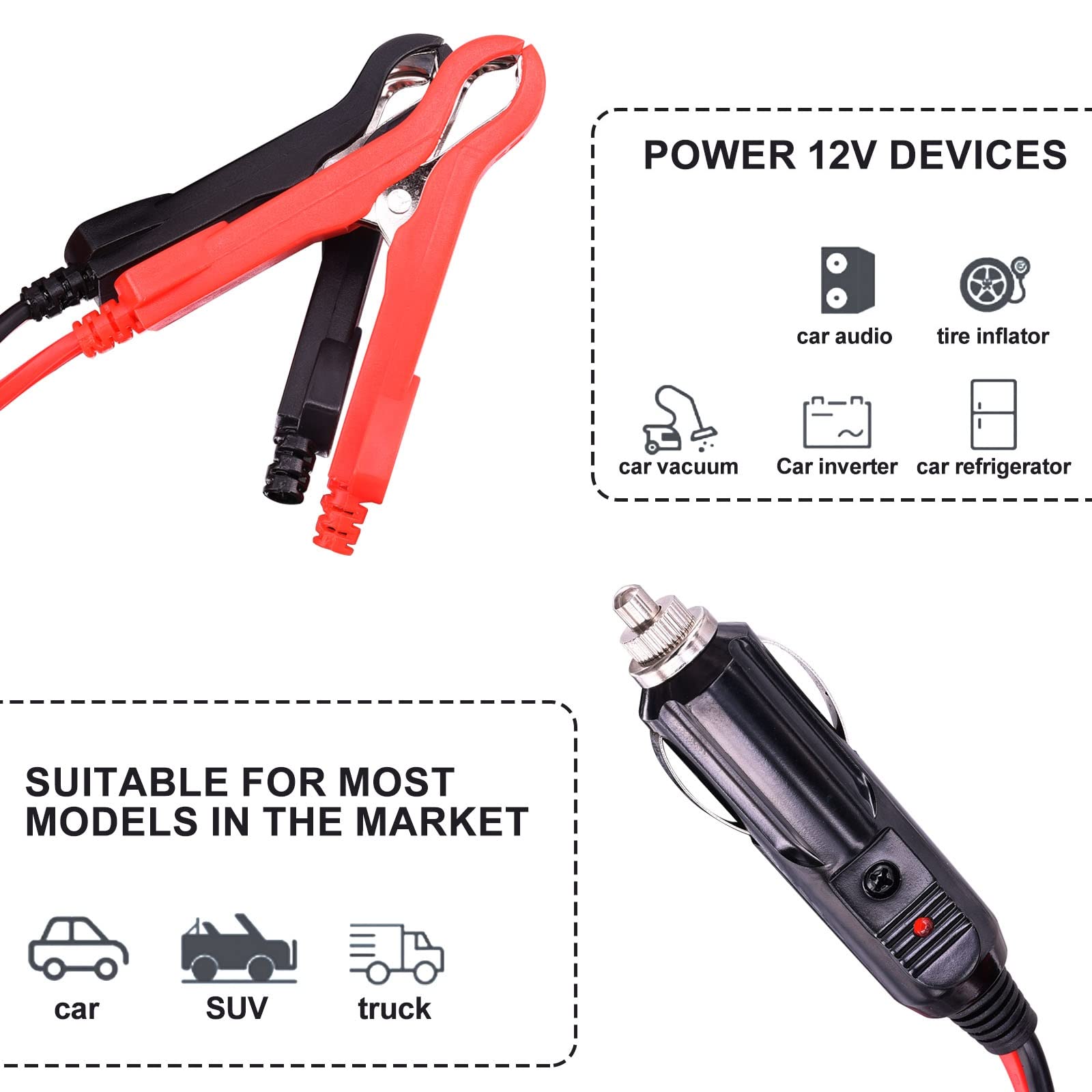12V Heavy-Duty 16AWG Cigarette Lighter to Alligator Clips Battery Charger Cable with 15A Fuse - 9.8FT Extension Cord for Car Jump Start, Power Inverters & Emergency Battery Charging