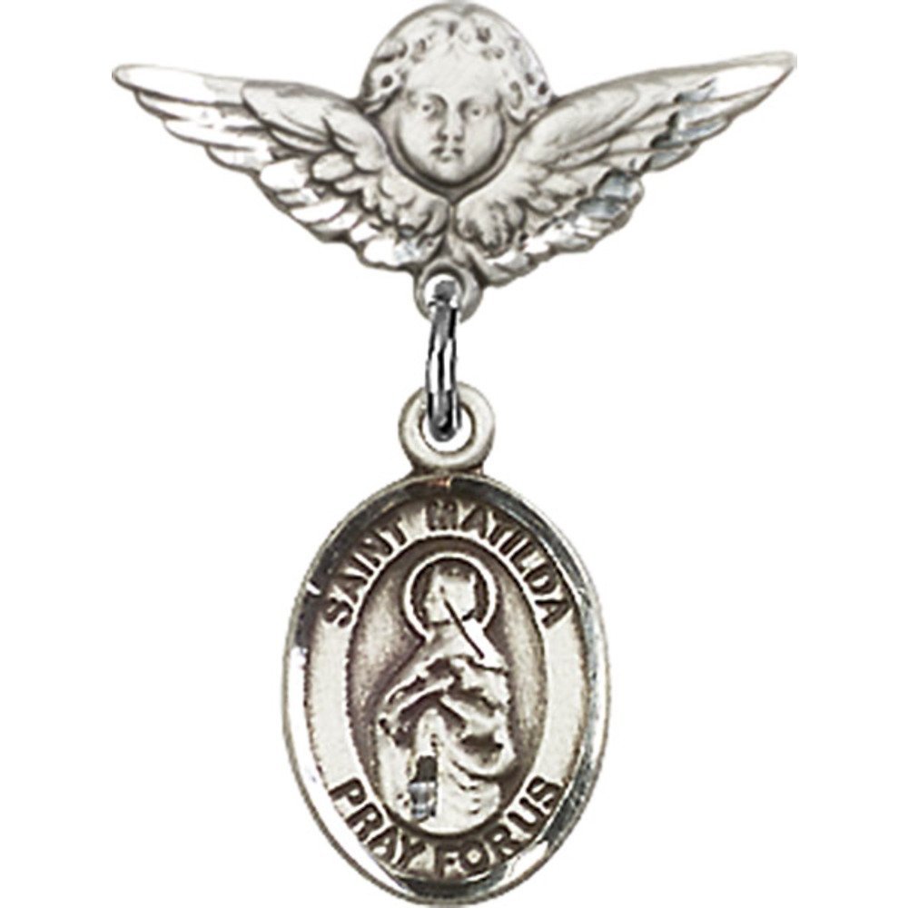 St. Matilda Sterling Silver Baby Badge with Angel Wing Charm - 7/8 X 3/4 Inch Religious Pin for Christening, Baptism & First Communion Gifts