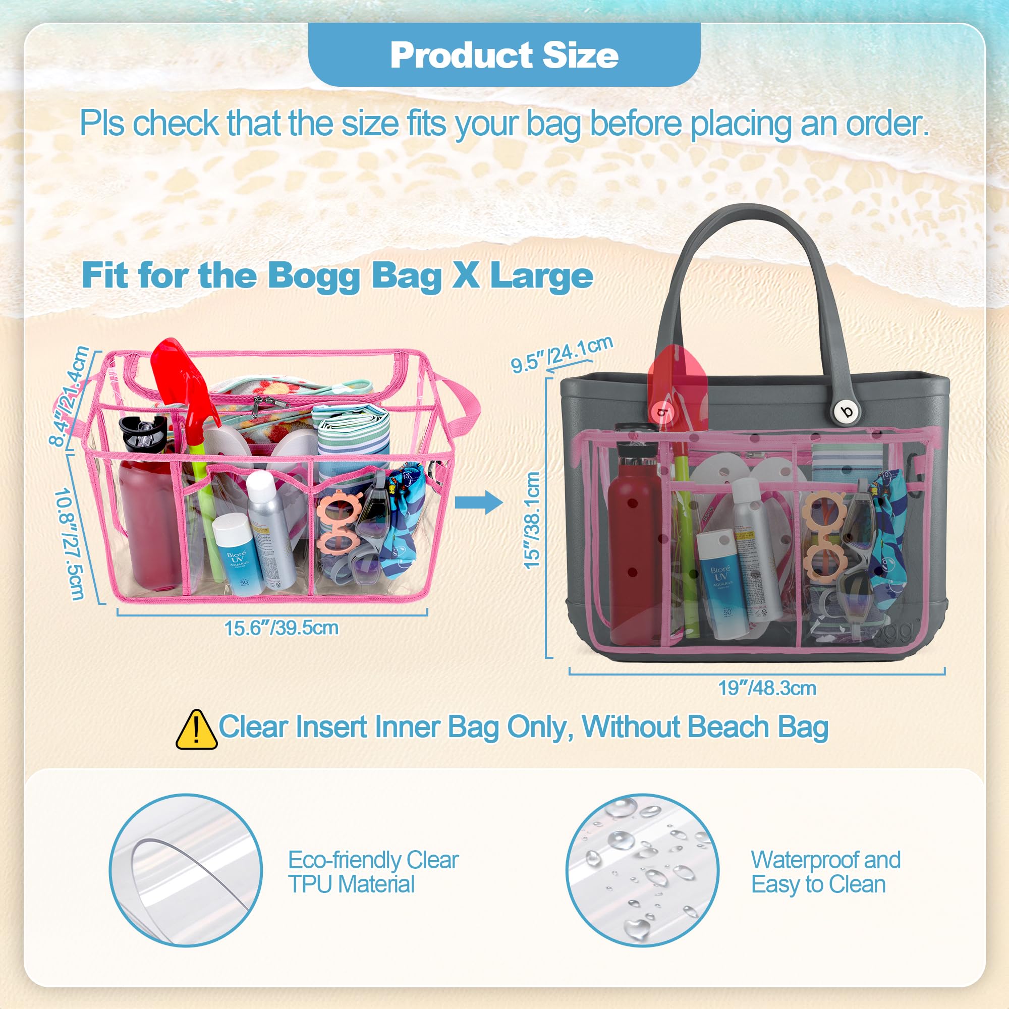 Waterproof Clear Beach Bag Organizer Insert for Bogg Bag X Large - 15.6 x 8.4 x 10.8 Inches Pink Divider Pouch - Perfect for Beach Trips, Poolside Essentials & Travel Organization