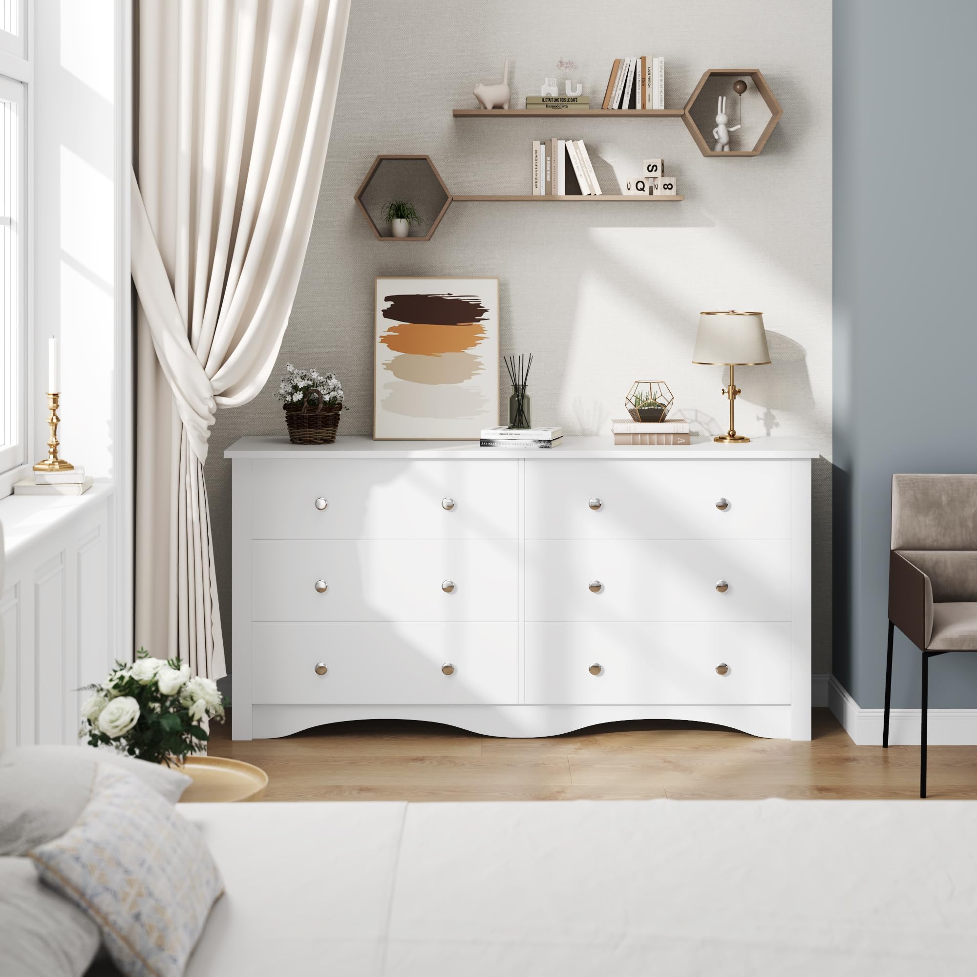 Furmax 6-Drawer Wooden Dresser for Bedroom & Living Room - White TV Stand with Storage for 65 Inch TVs - Perfect for Hallway, Entryway & Home Organization