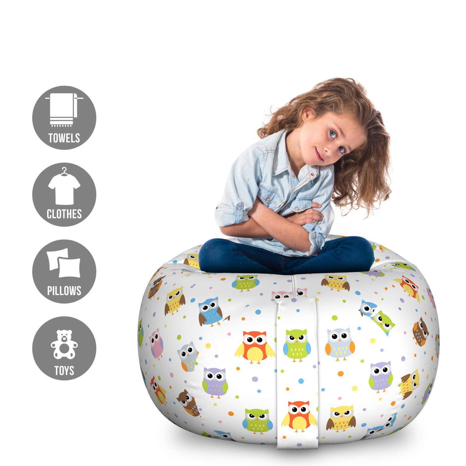 Ambesonne Owls Storage Toy Bag Chair - Large Washable Stuffed Animal Organizer with Colorful Dots & Funny Cartoon Mascot Design | Perfect for Kids' Room, Playroom & Toy Storage Organization