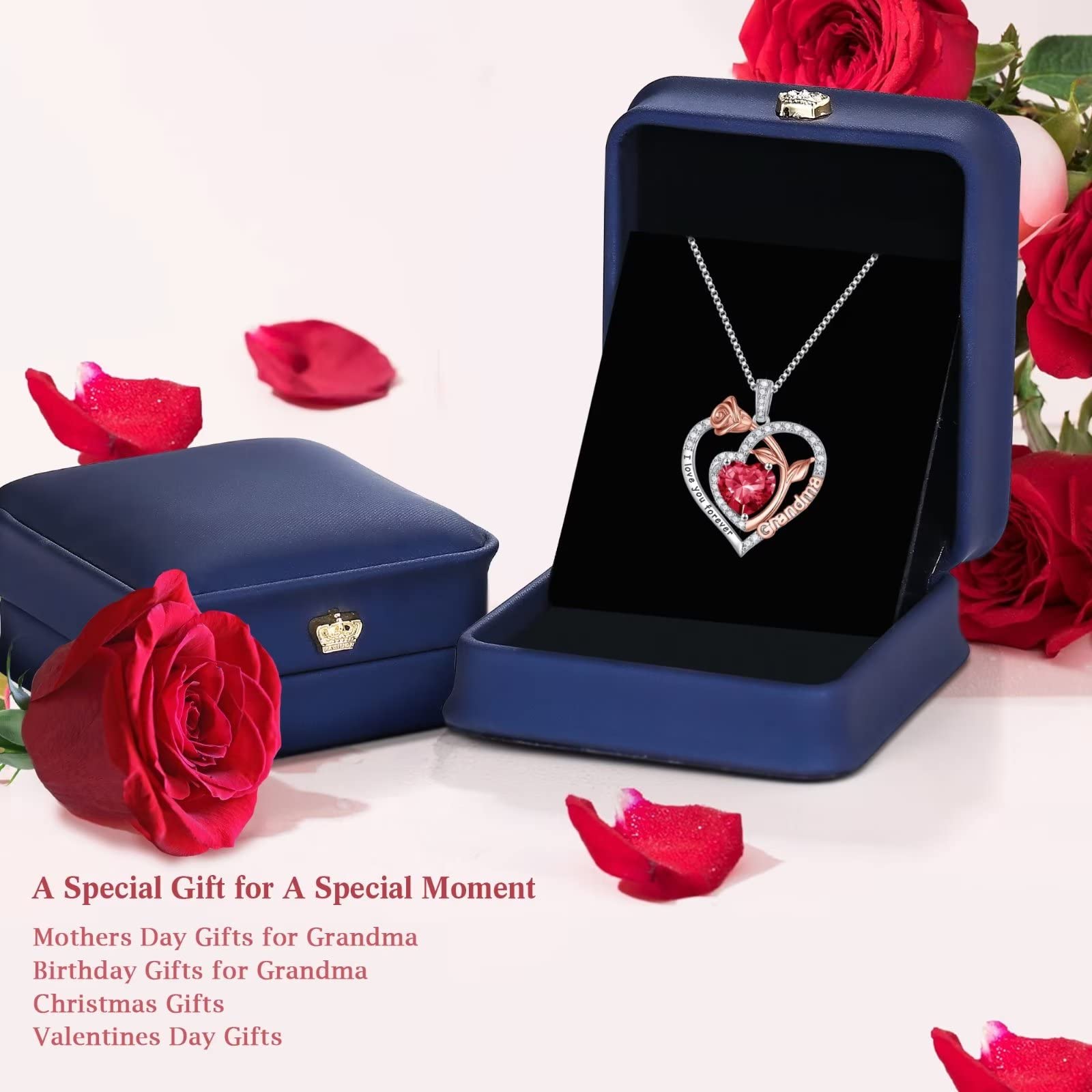 Birthstone Necklace for Grandma - 925 Sterling Silver Rose Heart Pendant, Personalized Gift for Mother's Day, Birthday, Christmas | Perfect for Nana, Mom, Grandma Jewelry & Special Occasions