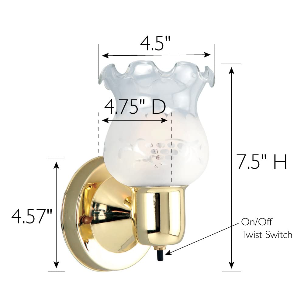 Design House 500975 Classic 1-Light Dimmable Wall Sconce - White Frosted Etched Glass Shade with Twist On/Off Switch - Polished Brass Finish - Perfect for Hallway, Foyer & Bathroom Lighting