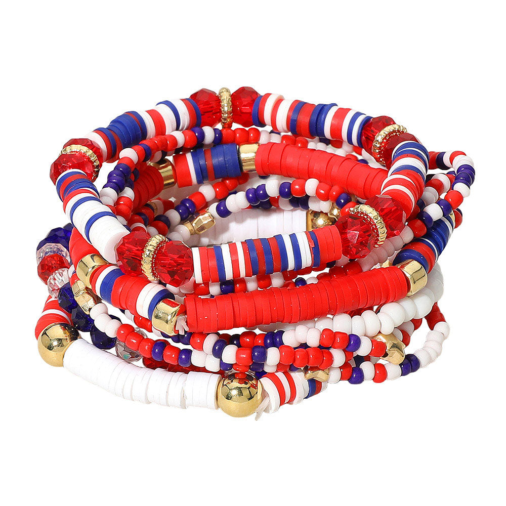 10PCS American USA Star Beaded Stretch Multi-Layered Bracelets for Women - Adjustable Stackable Beaded Bracelets for Everyday Wear, Gifts, Parties & Boho Fashion