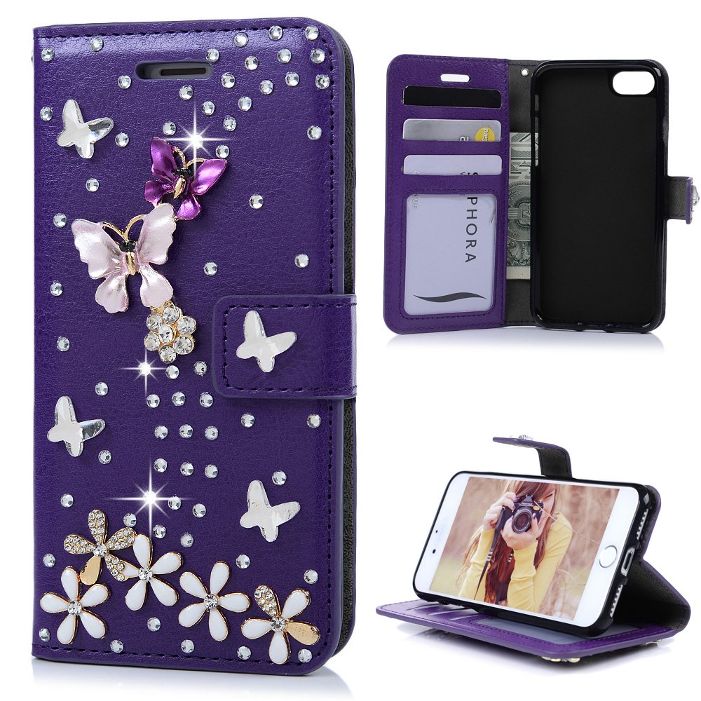 Premium Leather Wallet Case for iPhone 7/8 - Shockproof Folio Cover with Card Slots | Stylish Purple Protective Phone Case for Women & Men | Perfect for Work, Travel & Daily Use