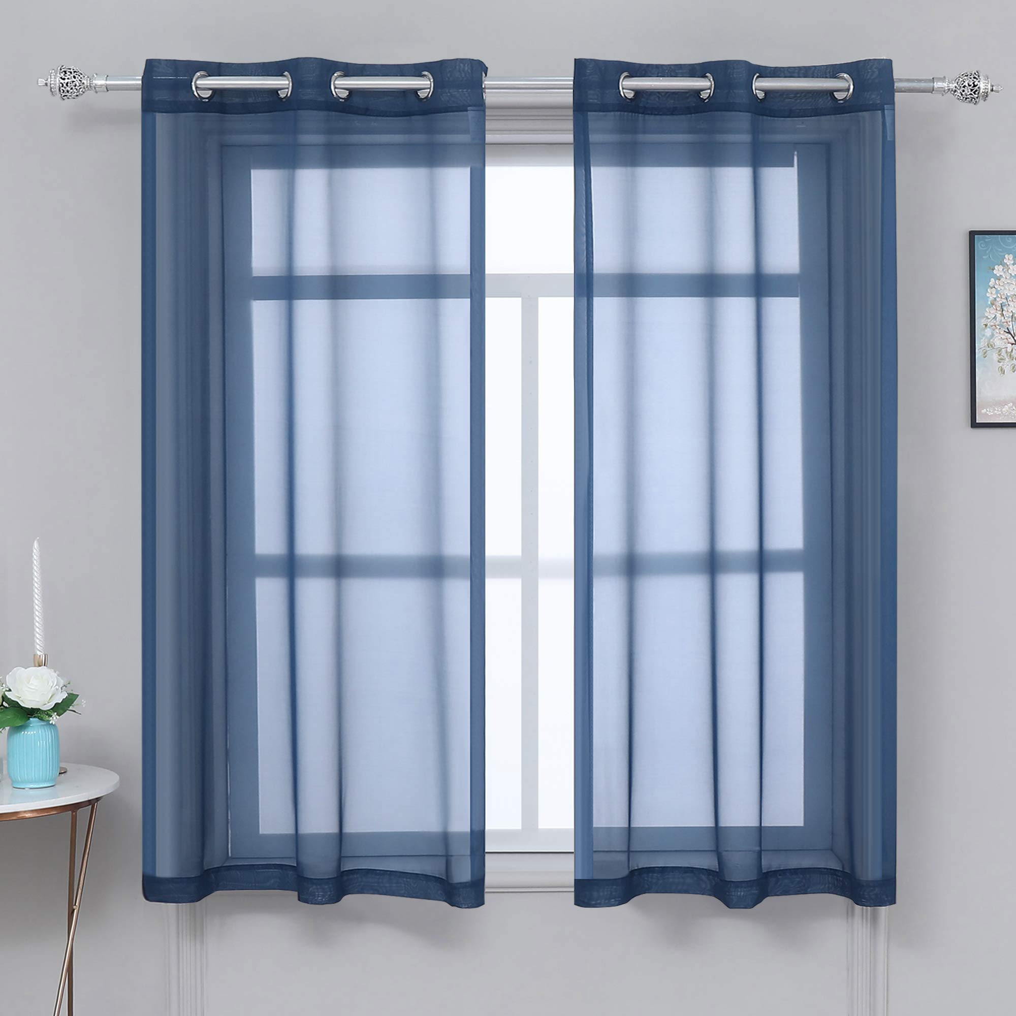 Navy Blue Sheer Curtains 45 Inch Length - 2 Panels Grommet Top Light Filtering Voile Drapes for Bathroom, Kitchen & Small Windows (38W x 45L) - Perfect for Privacy, Decoration & Soft Natural Lighting