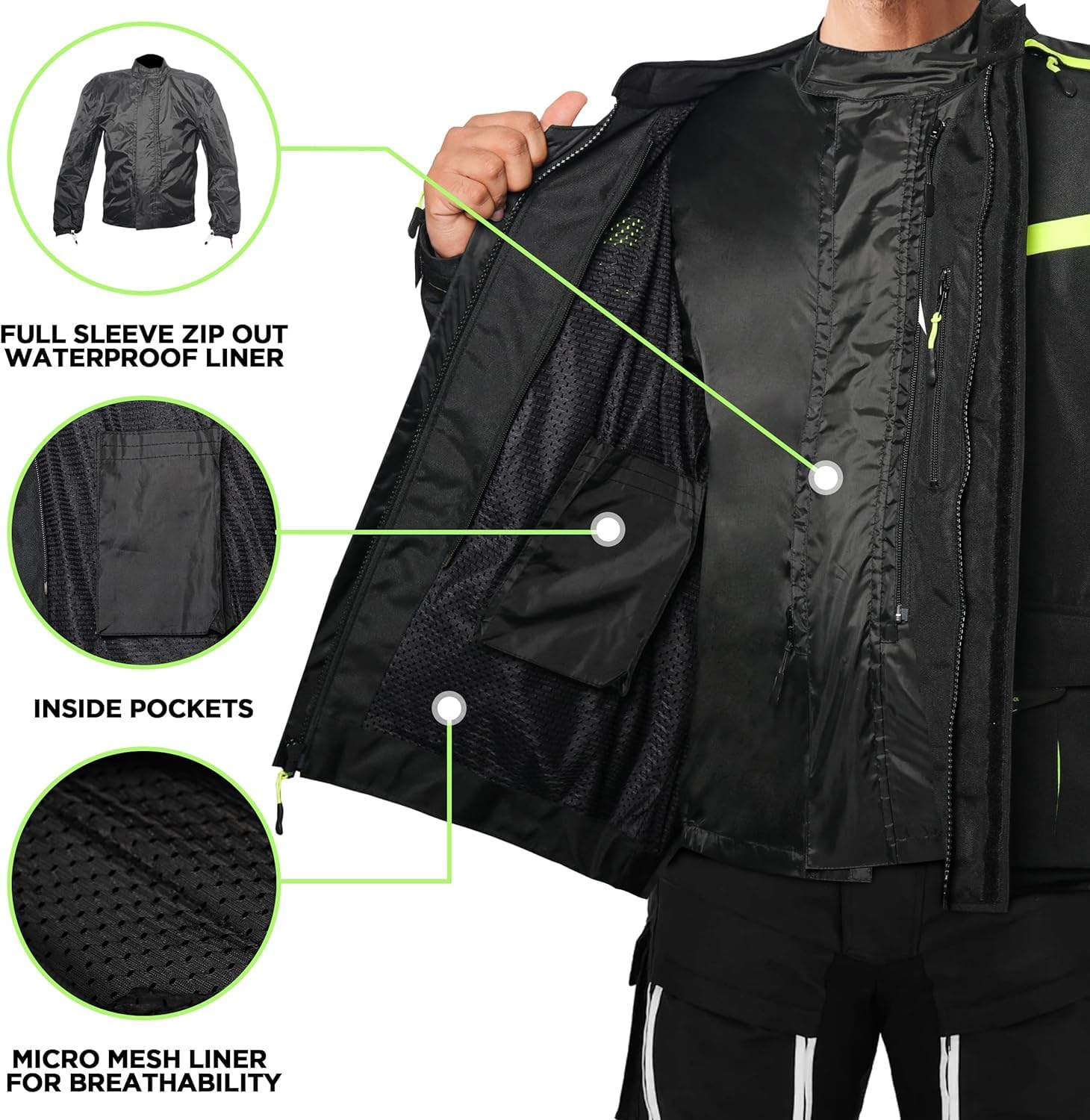 WICKED STOCK CE Level 2 Certified Waterproof Motorcycle Jacket for Men - Reflective Armored Biker Jacket with 8 Pockets & Adjustable Biceps, Forearms & Waist - 4 Season Riding Gear for Commuting, Touring & Adventure Motorcycling