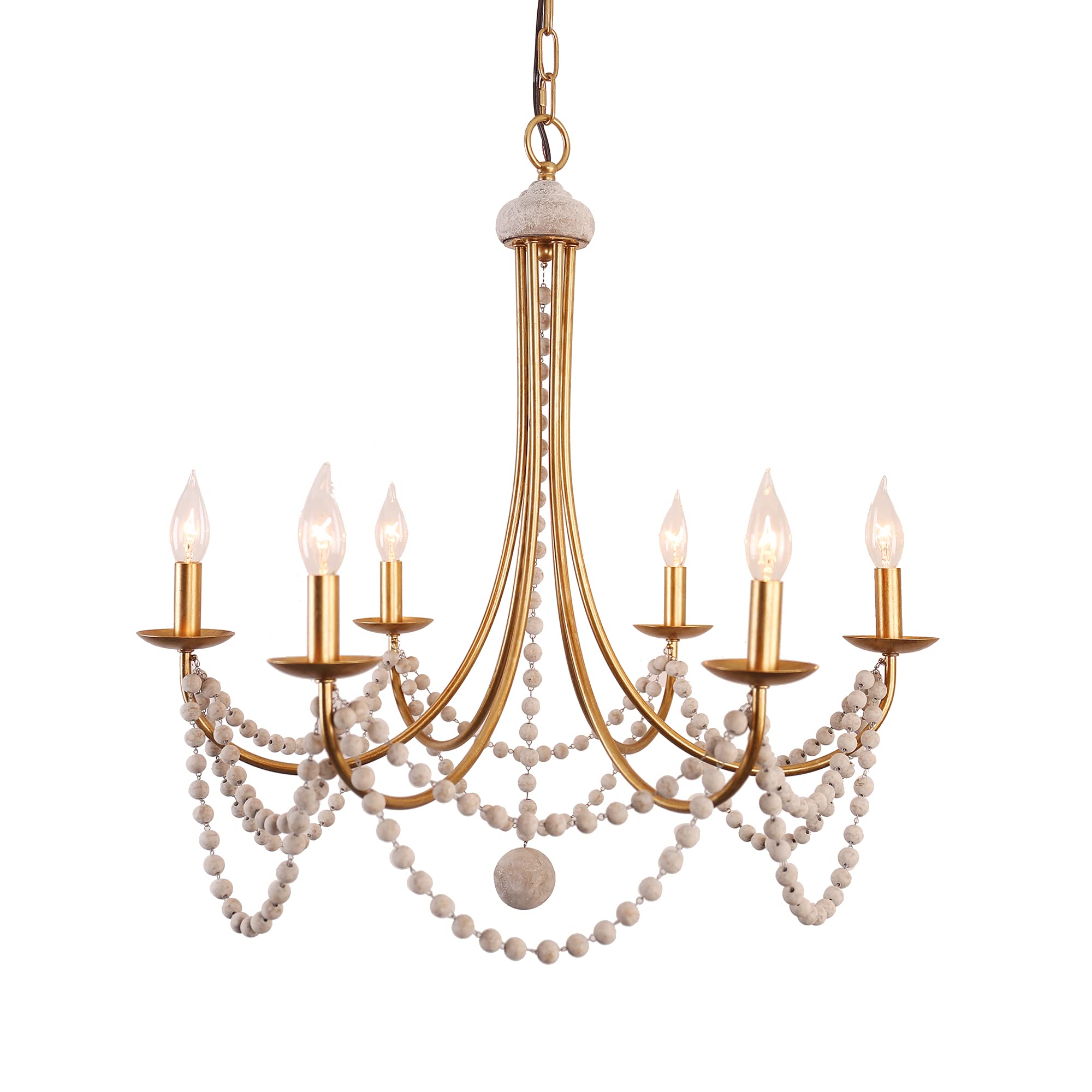 6-Light Farmhouse Wood Beaded Chandelier with Empire Design - Gold French Country Dining Room Lighting for Bedroom, Living Room & Entryway | Perfect for Rustic Home Decor & Wedding Venues