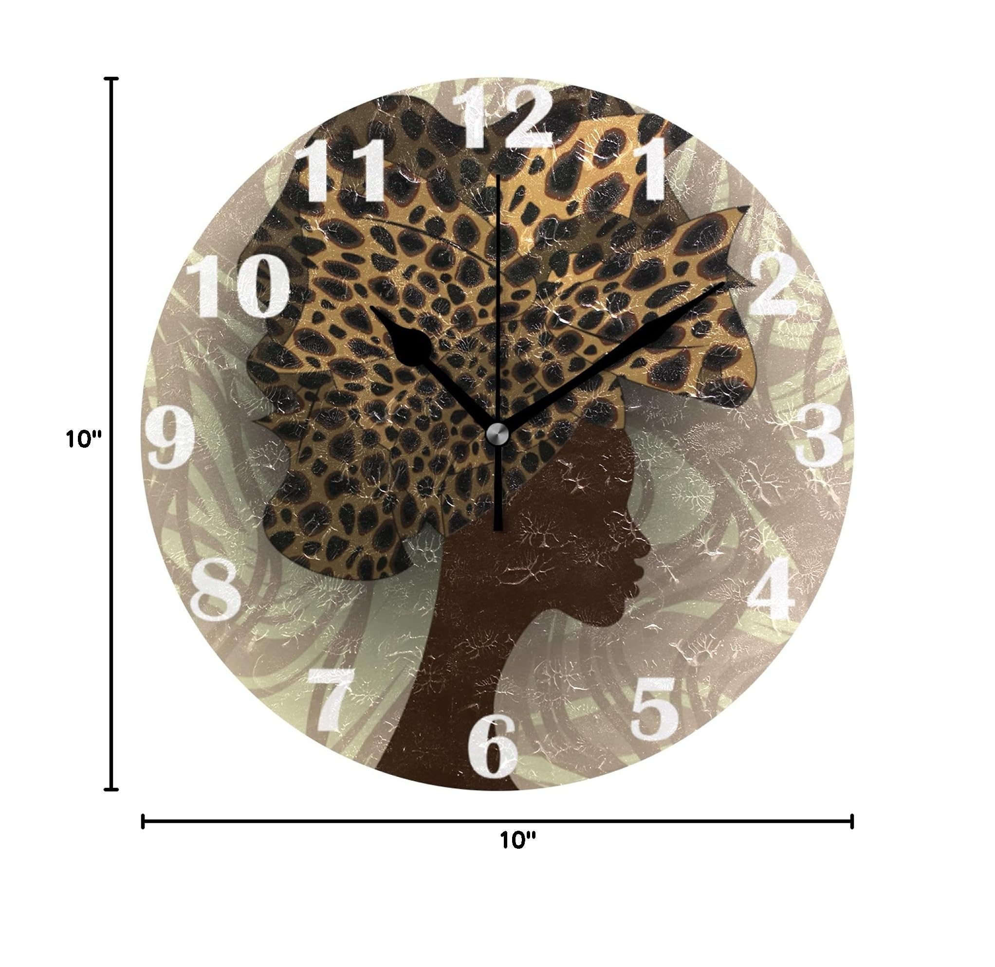 African American Afro Woman Leopard Wall Clock - 10 Inch Silent Non-Ticking Quartz Analog Clock with Battery - Black Girl Leaves Design for Home, Bedroom & Living Room Decor | Perfect for Wall Mount or Desk Display
