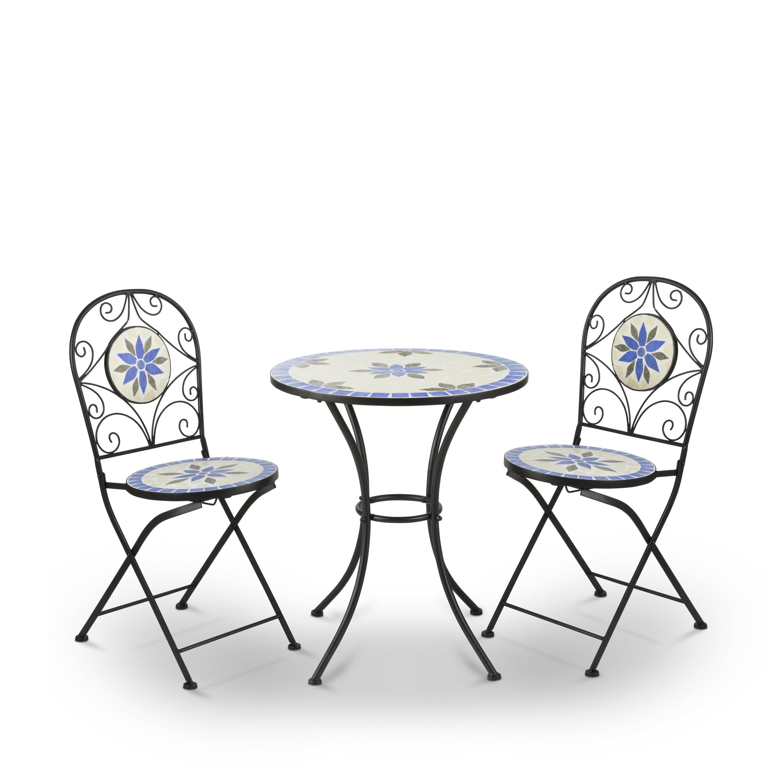 Alpine Corporation 3-Piece Blue and Beige Mosaic Bistro Set - Outdoor Patio Dining Furniture for Garden, Balcony & Backyard