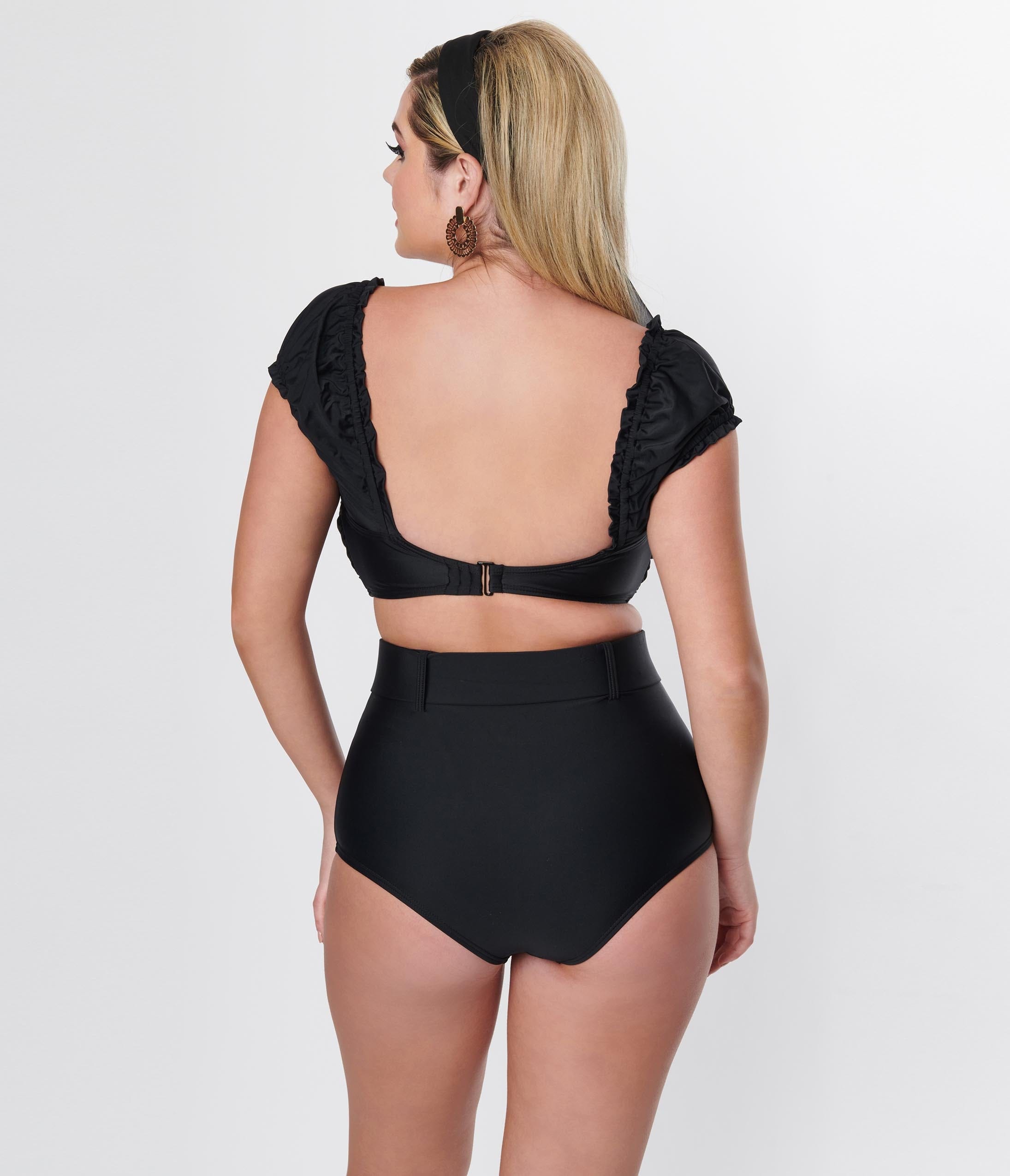 Vintage Black Shirred Bow Bandeau Swim Top - Retro High Waisted Bathing Suit for Women, Beach Vacation & Pool Party Essential