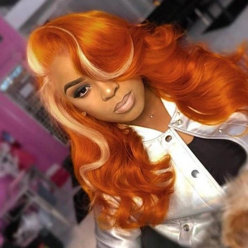 Eullair Blonde Highlights Body Wave Human Hair Lace Front Wig - Natural Ginger Color for Women, Perfect for Cosplay, Parties & Daily Wear