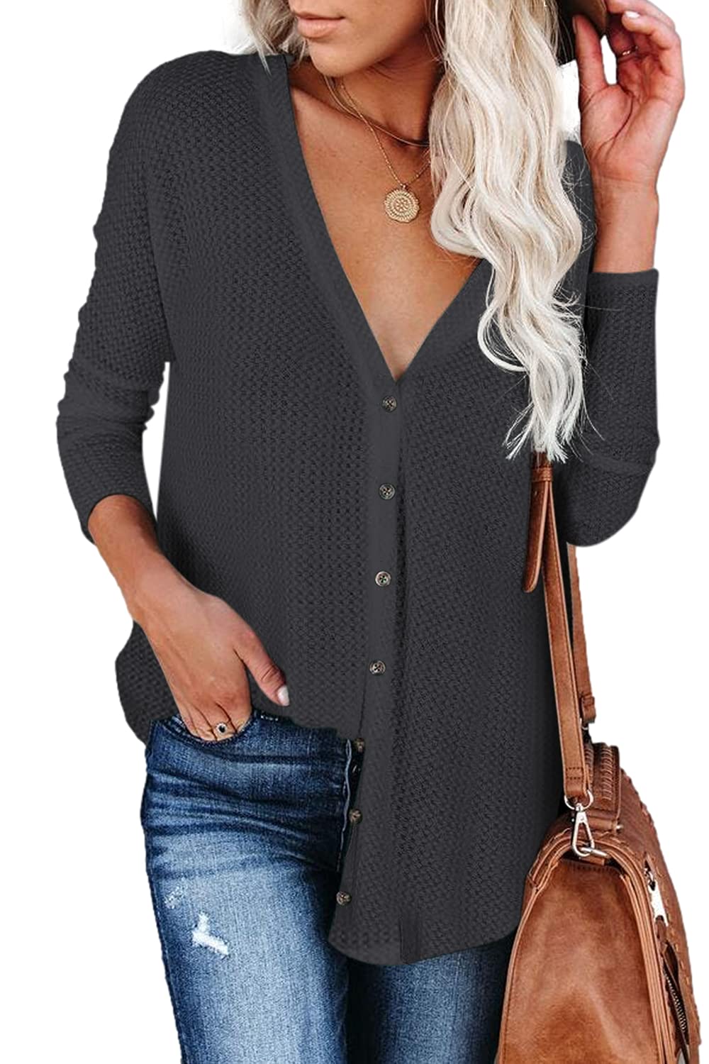 Yanekop Women's V-Neck Waffle Knit Tunic Blouse - Button Up Henley Shirt with Loose Long Sleeves - Casual & Comfortable Tops for Work, Date Night & Everyday Wear