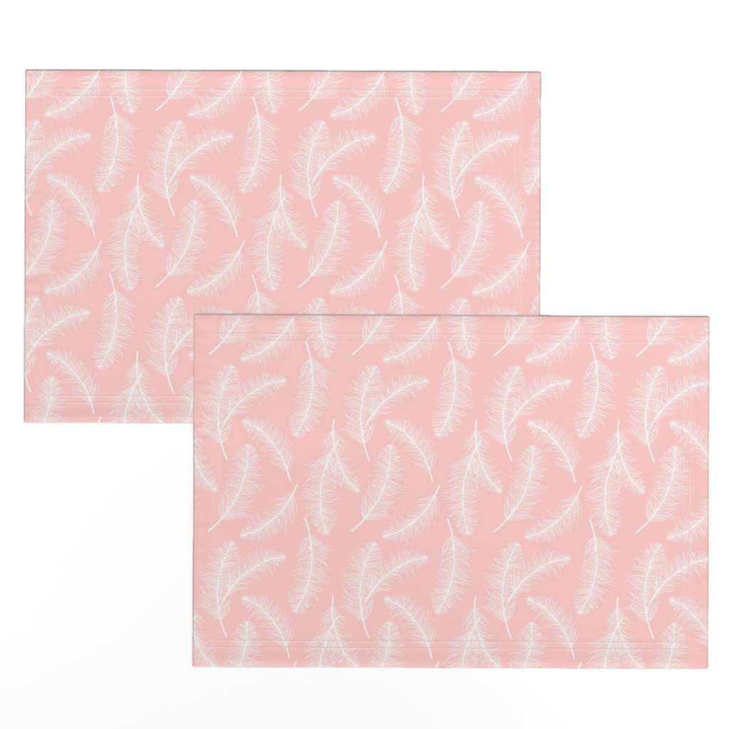 Premium Linen Cotton Canvas Placemats Set of 2 - Soft Boho Feather Print Table Mats for Dining, Kitchen & Home Decor | Pink Bird Design Washable Place Mats for Girls Room & Boho Chic Style