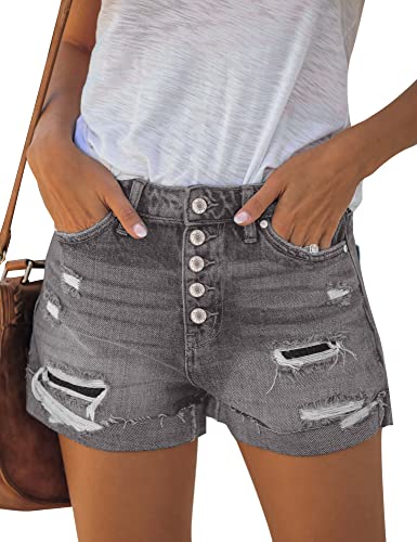 LookbookStore Women's High Waisted Denim Shorts with Sewn Cuff & Button Details - Summer Fashion Staple for Casual Outings & Beach Vacations