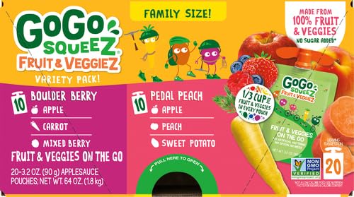 GoGo squeeZ Fruit & VeggieZ Applesauce Variety Pack - 20 Pouches, BPA Free, Kids Snacks for School & Travel