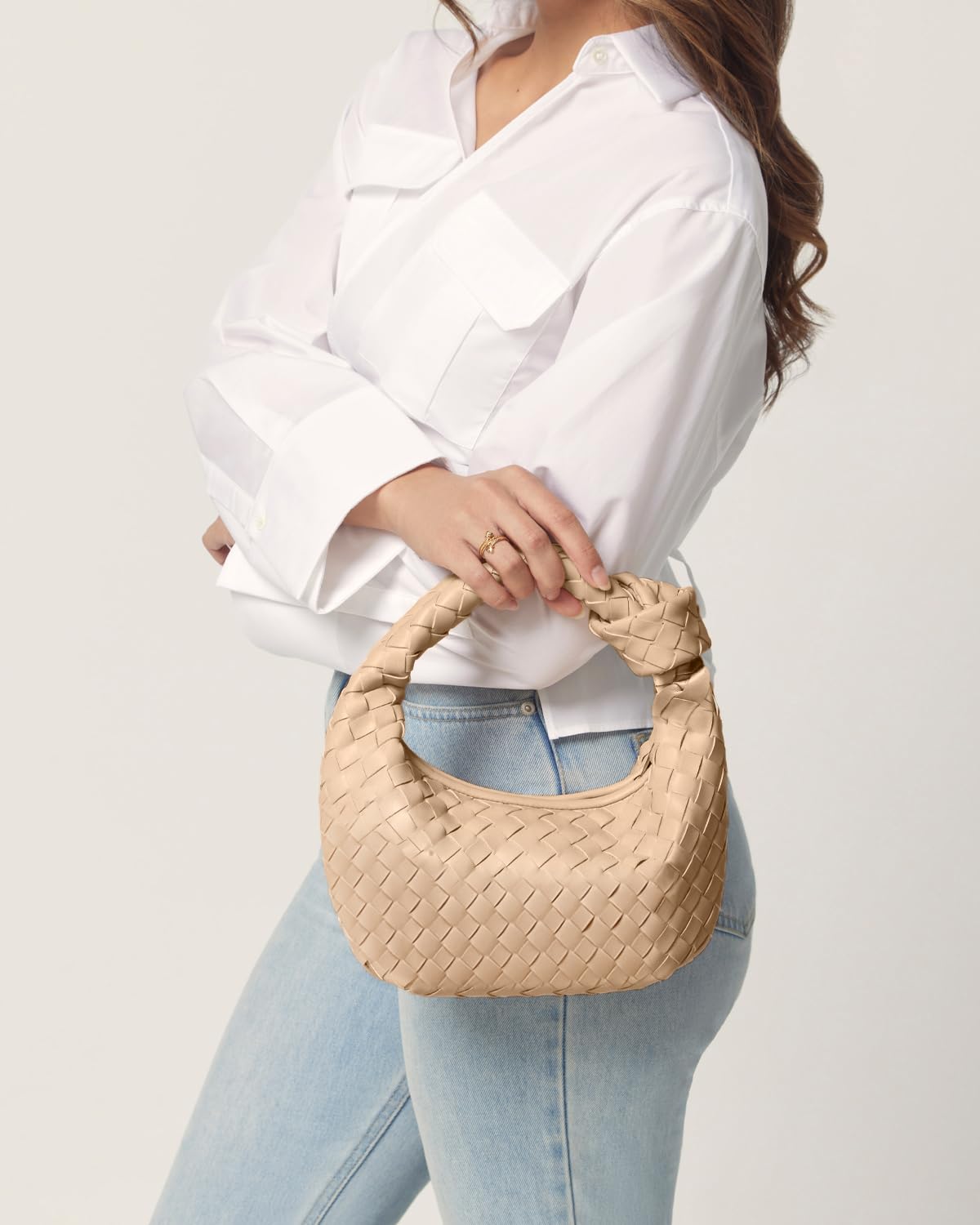 Stylish Woven Handbag for Women - Vegan Leather Hobo Purse with Knotted Top Handle - Fashionable Small Shoulder Bag & Clutch for Everyday Use, Work, and Evening Events