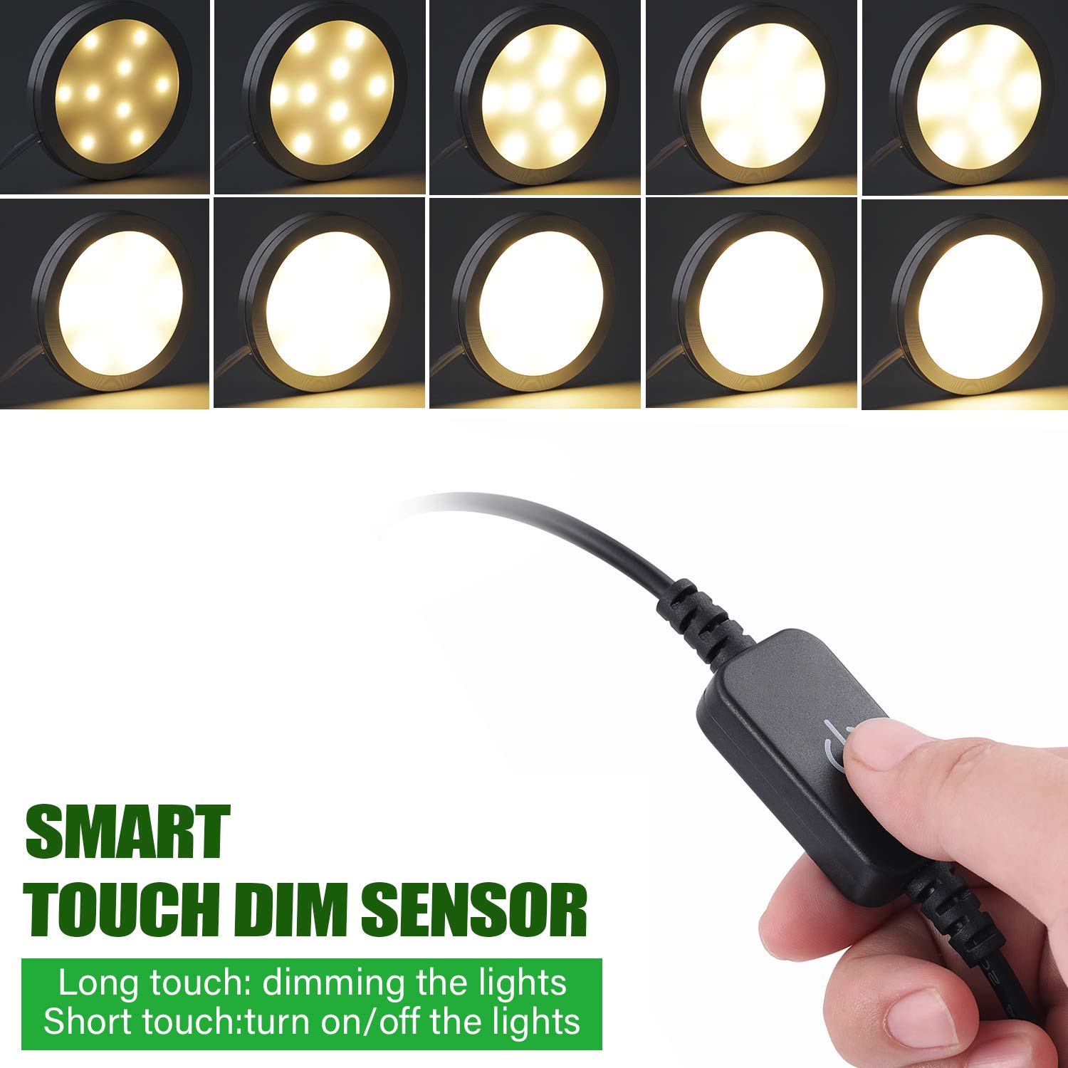 AIBOO 6-Pack Under Cabinet LED Puck Lights Kit with Touch Switch, Dimmable Kitchen Lighting for Cabinets, Cupboards & Closets (Warm White) - Perfect for Countertop Task Lighting & Home Decor Ambiance