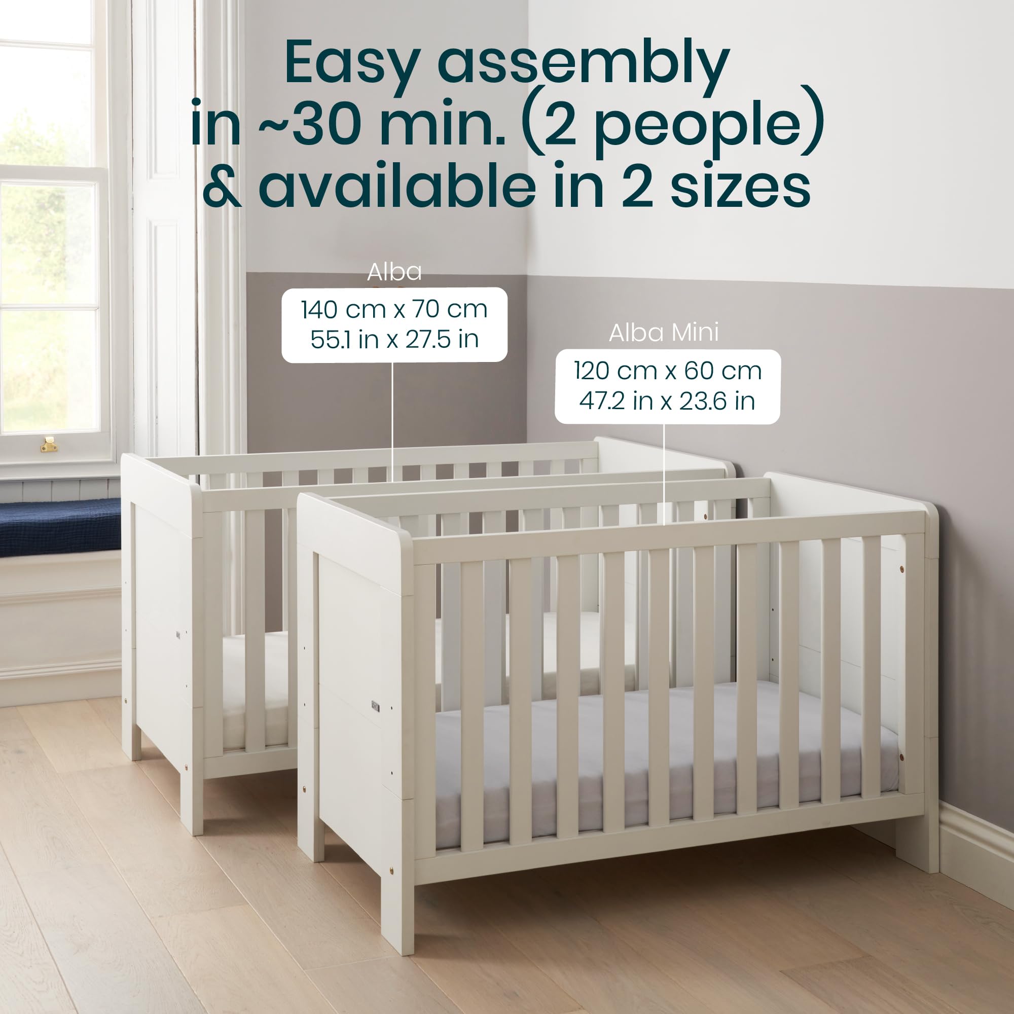Tutti Bambini Alba 3-in-1 Convertible Baby Crib - Wooden Toddler Bed & Day Bed with Adjustable Base, White (140x70cm) | From Newborn to 6 Years | Nursery, Bedroom & Guest Room Sleeping Solution