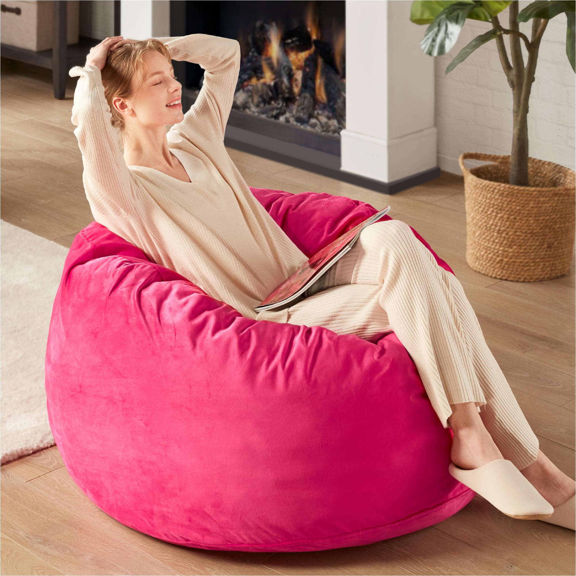 **3ft Pink Bean Bag Chair for Girls & Adults - Ultra Soft Mink Bonded Cover, Memory Foam & Filler Included - Machine Washable - Perfect for Teens, Bedroom, Dorm, Lounge & Game Room**