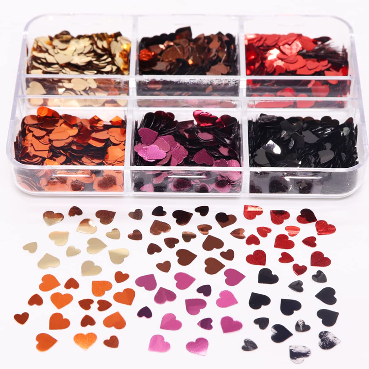 3D Heart Glitter Nail Sequins - 6 Grids Holographic Nail Art Stickers for Valentine's Day, Red Rose Gold Black Heart Glitter Decals | DIY Nail Design Charms, Party & Wedding Nail Art Decorations